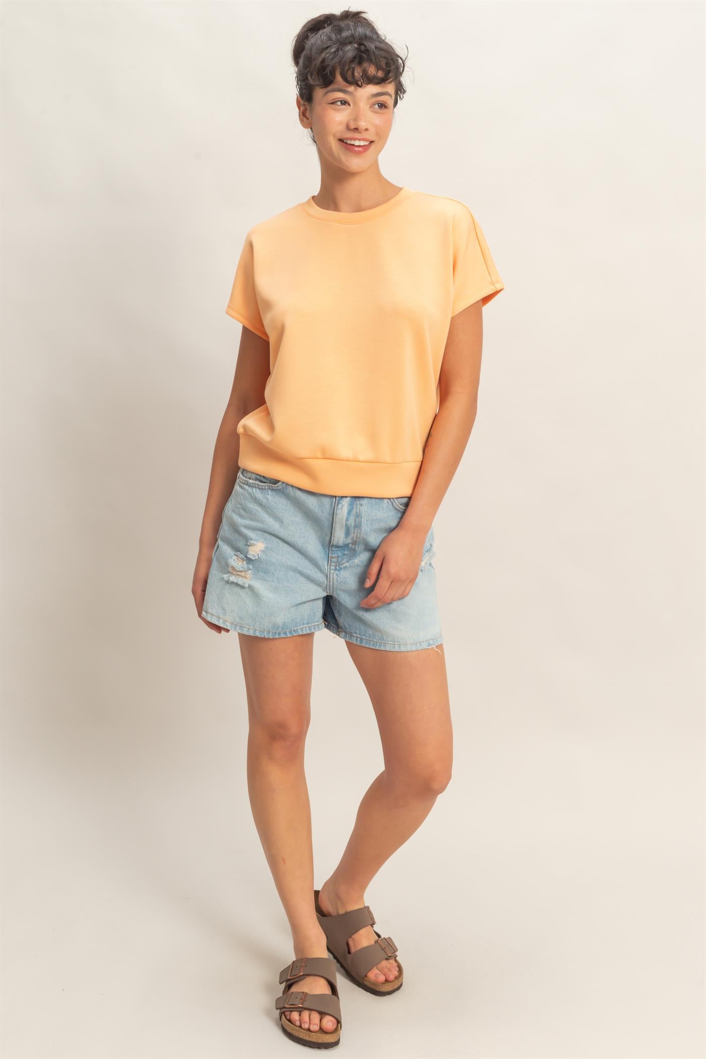 Wholesale Crew Neck Short Dolman Sleeve Top Clothing Tops DZ26C205 APRICOT DOUBLE ZERO