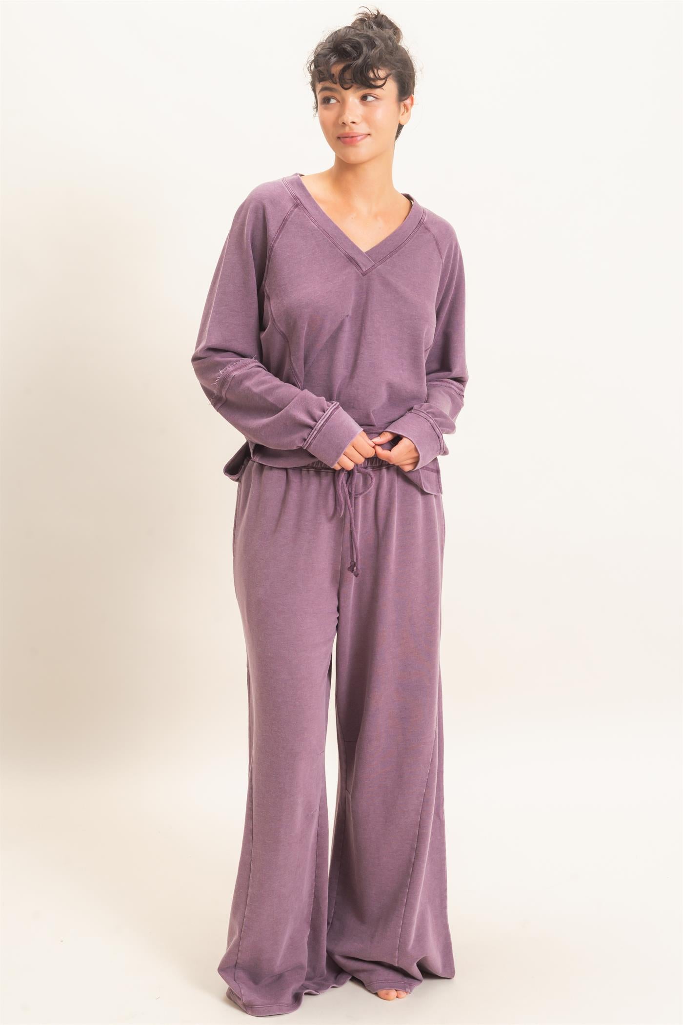 Wholesale Mineral Washed Wide Leg Pants Pants DZ26F082 DARK CHERRY DOUBLE ZERO