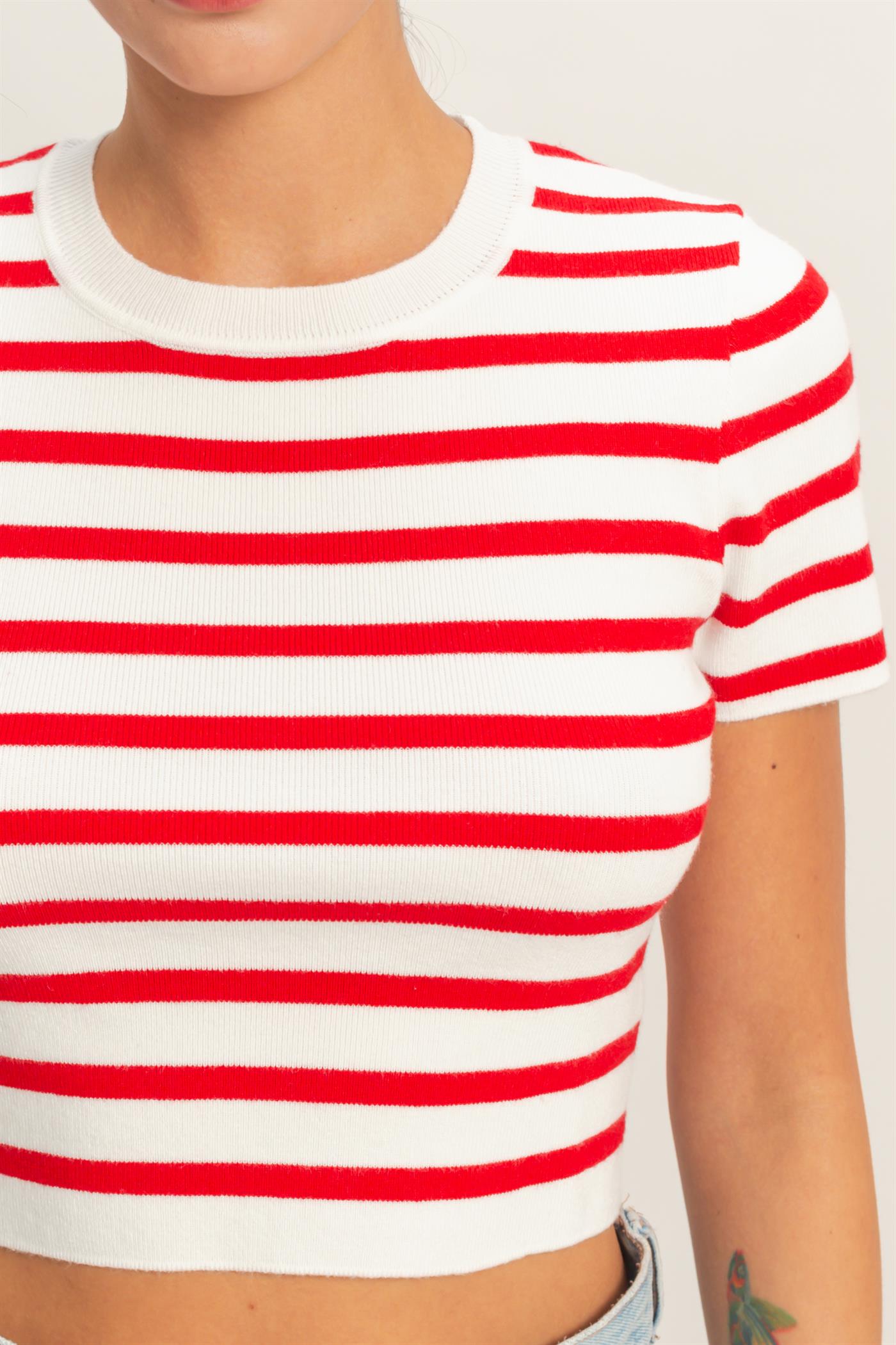 Wholesale Striped And Knit Crew Neck Crop Top Clothing Tops DZ26A139 RED DOUBLE ZERO