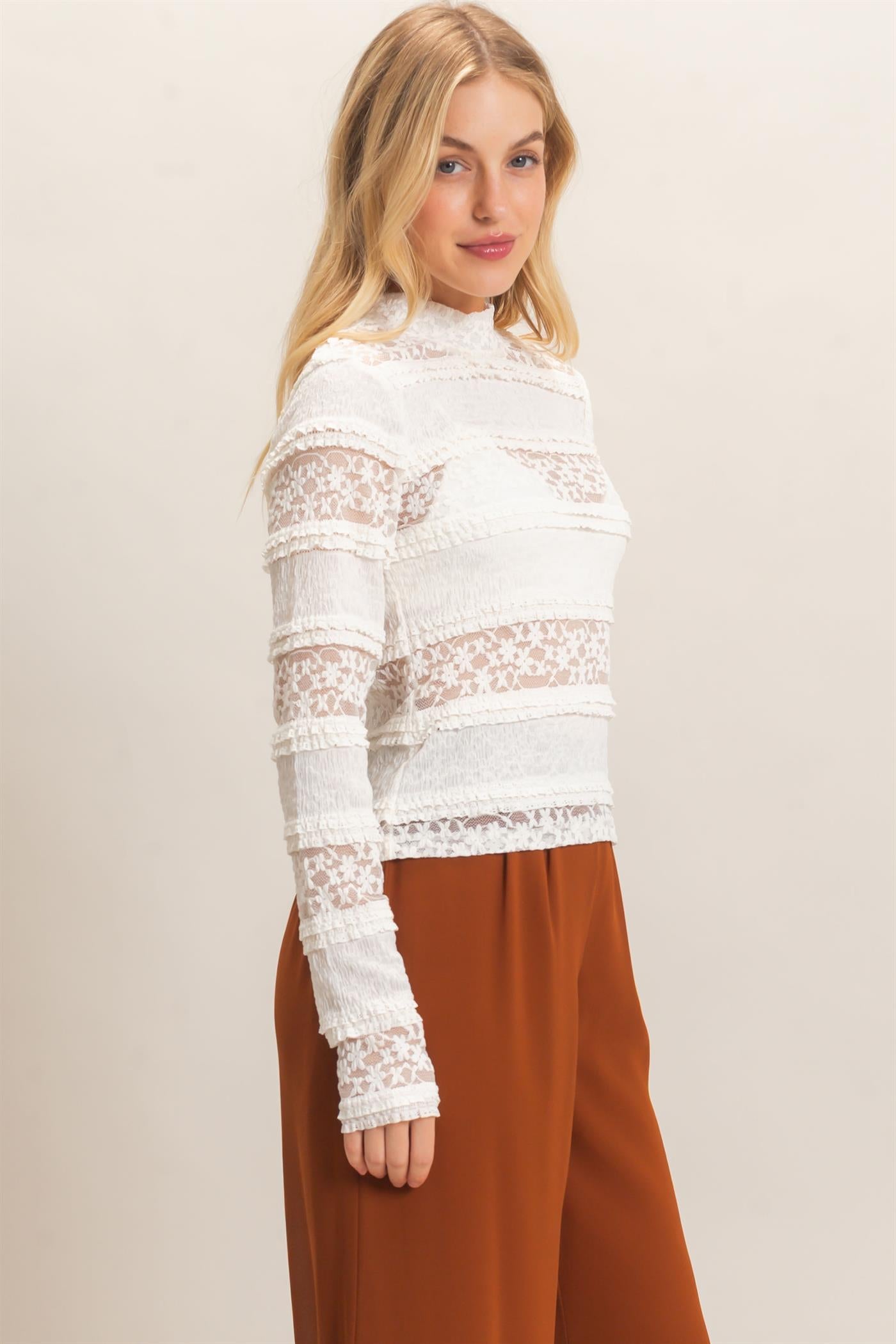 Wholesale Textured Lace High Neck Top Clothing Tops HF26C769 IVORY HYFVE