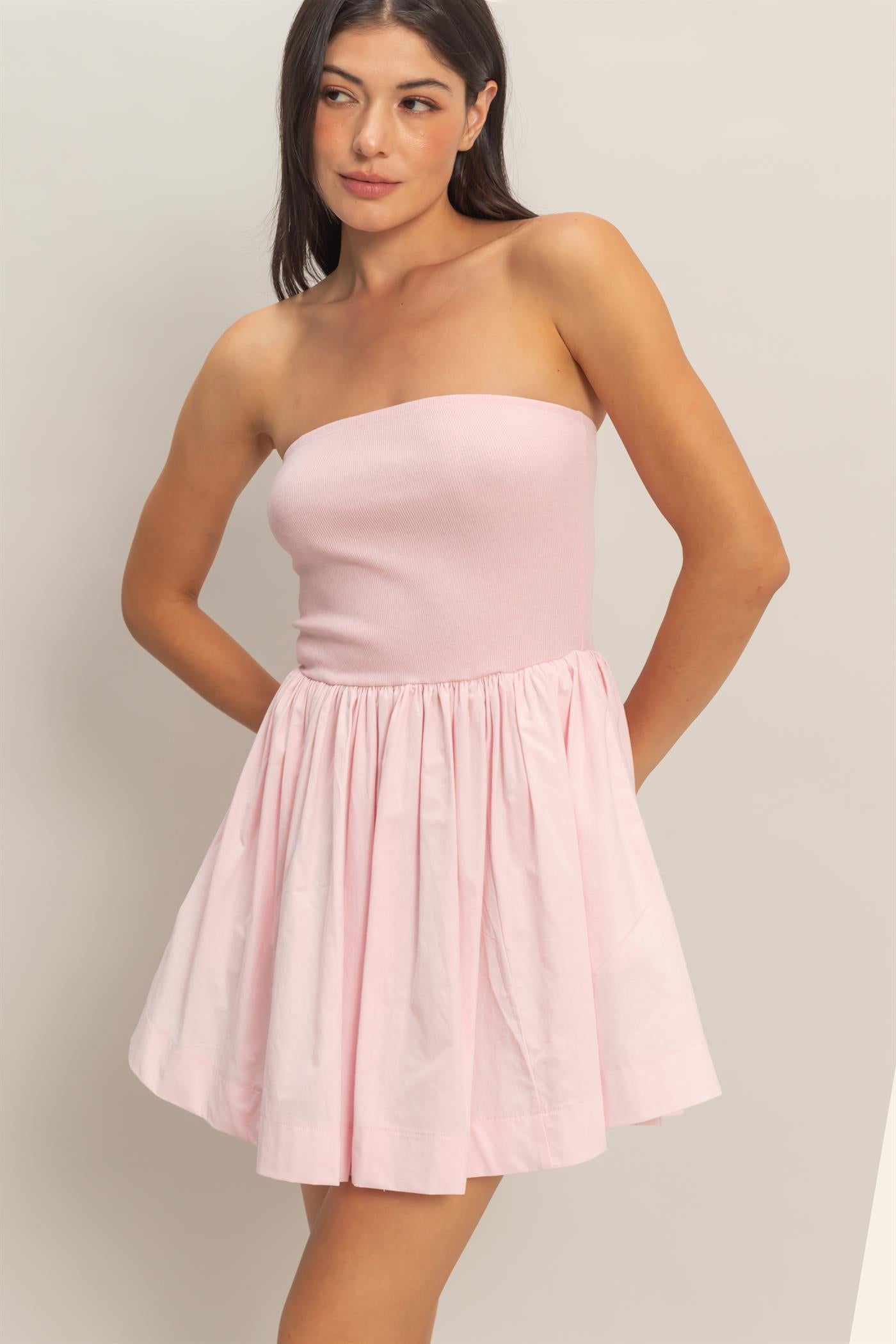 Wholesale Strapless Flowy Mini Dress Dresses DZ26C043 SOFT PINK DOUBLE ZERO
