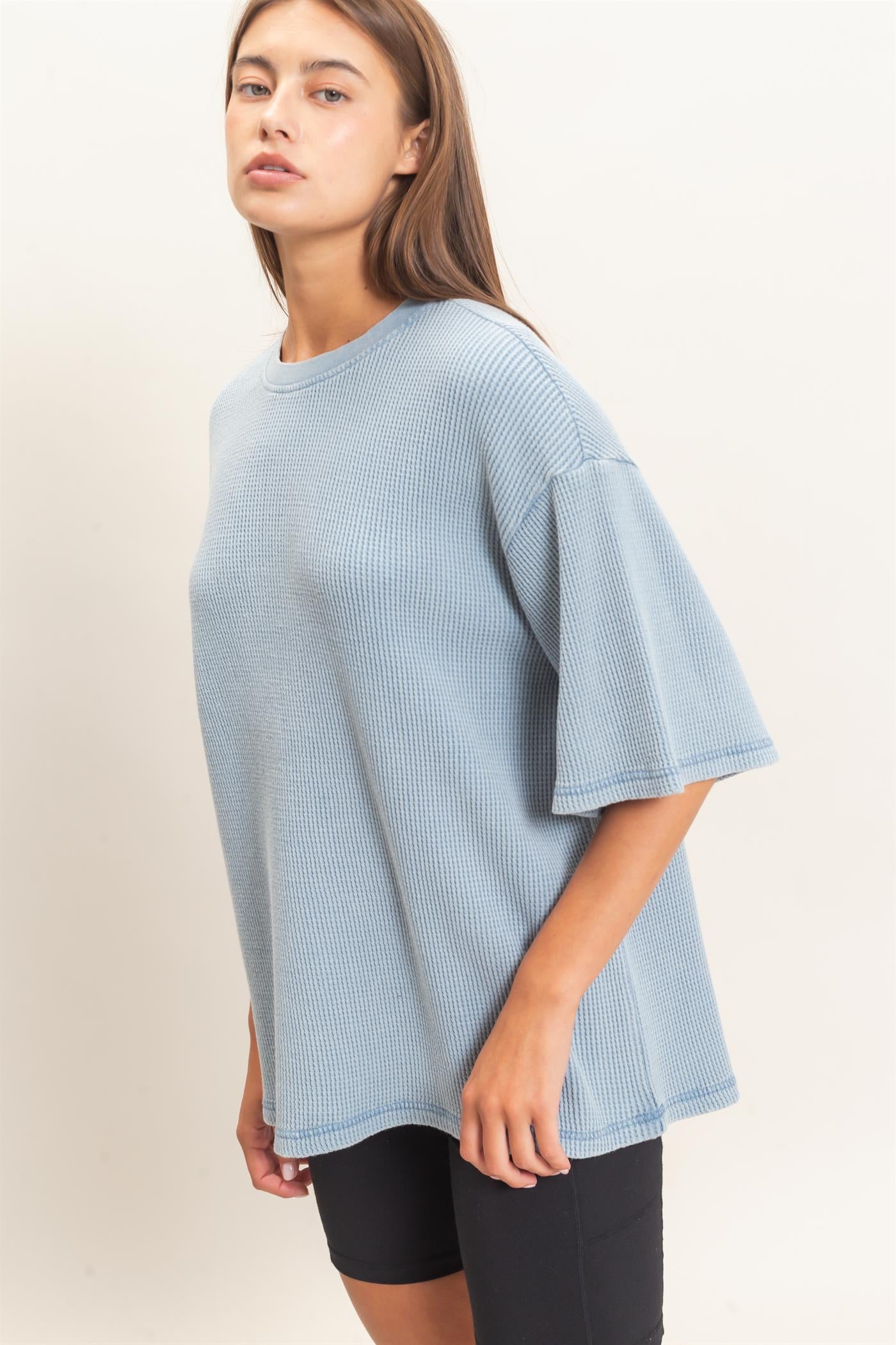 Wholesale Mineral Wash Waffle Crew Neck Short Sleeve Top Clothing Tops DZ26E328 DUSTY BLUE DOUBLE ZERO