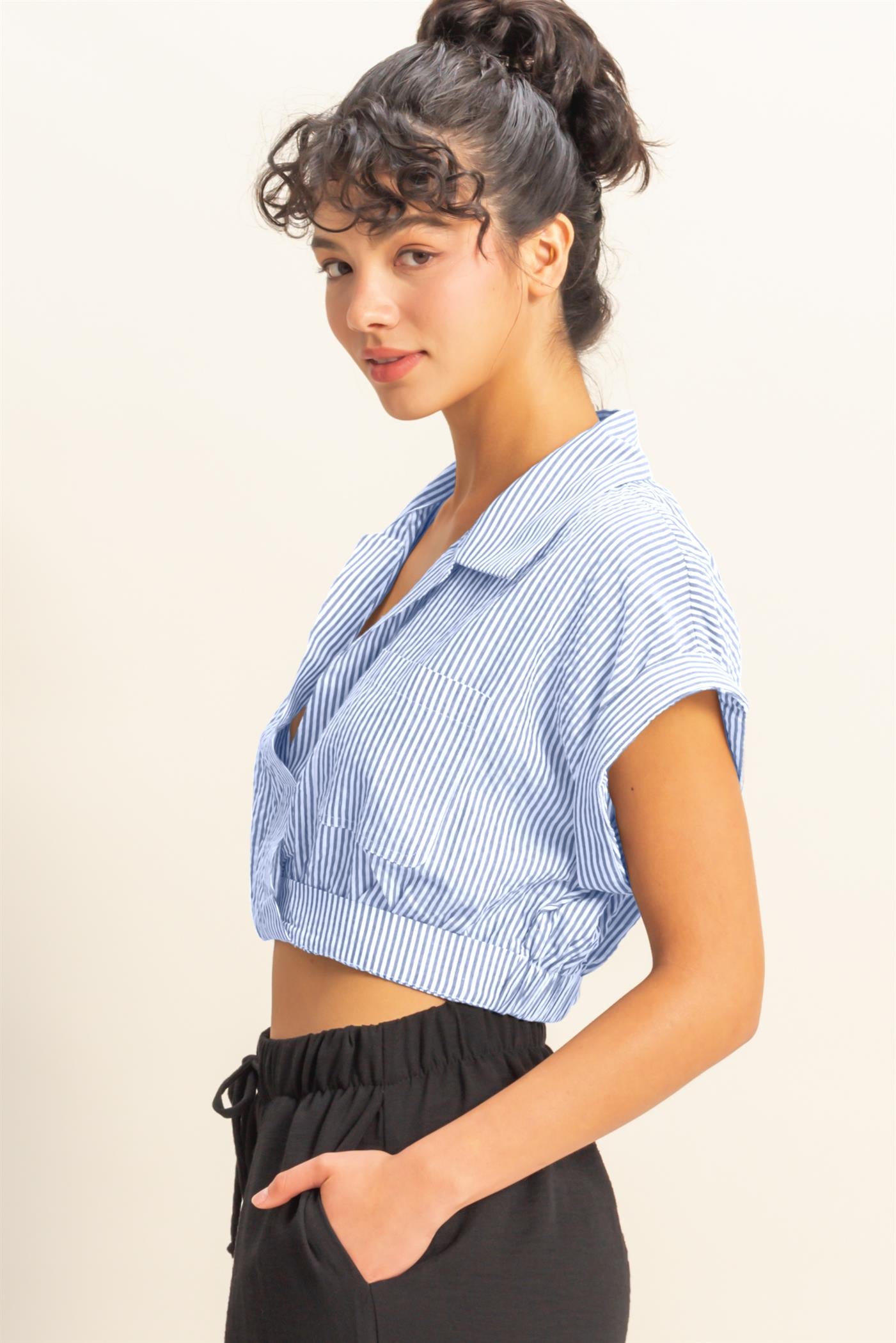 Wholesale Striped Short Sleeve Cropped Top Blouses DZ25C431 BLUE/WHITE DOUBLE ZERO