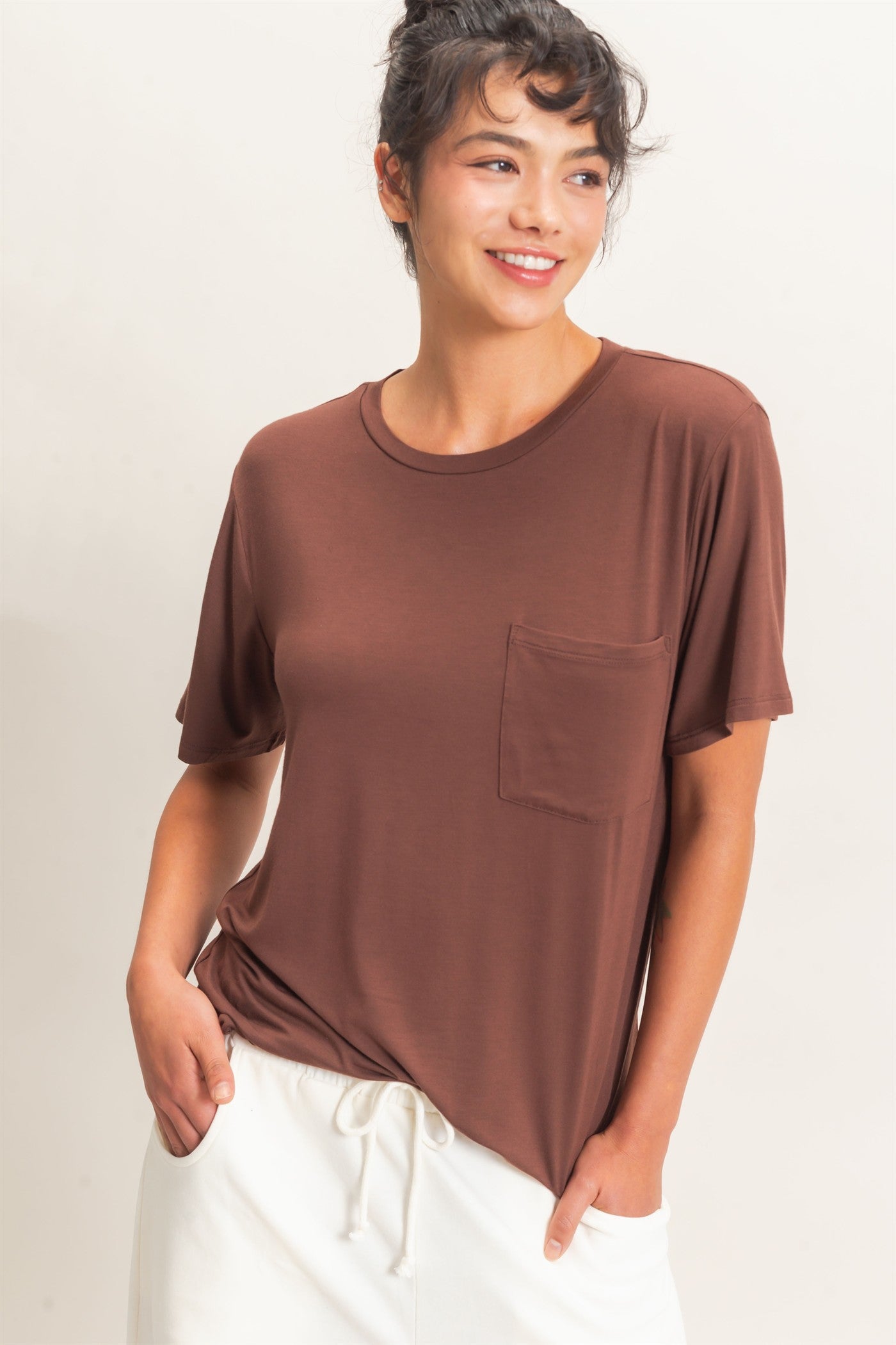 Wholesale Crew Neck Pocket Tee Clothing Tops DZ26E254 DARK BROWN DOUBLE ZERO