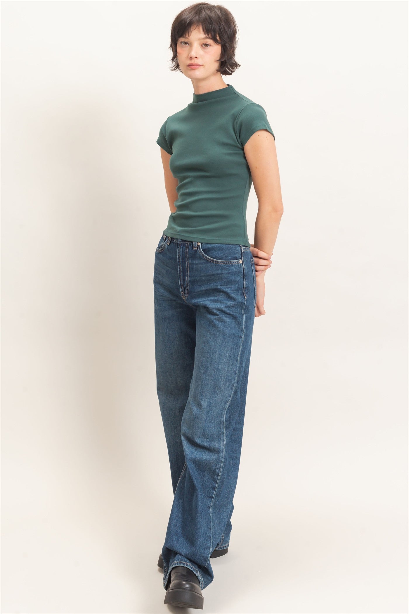Wholesale Mock Neck Cap Sleeve Top Clothing Tops DZ26E323 DARK GREEN DOUBLE ZERO