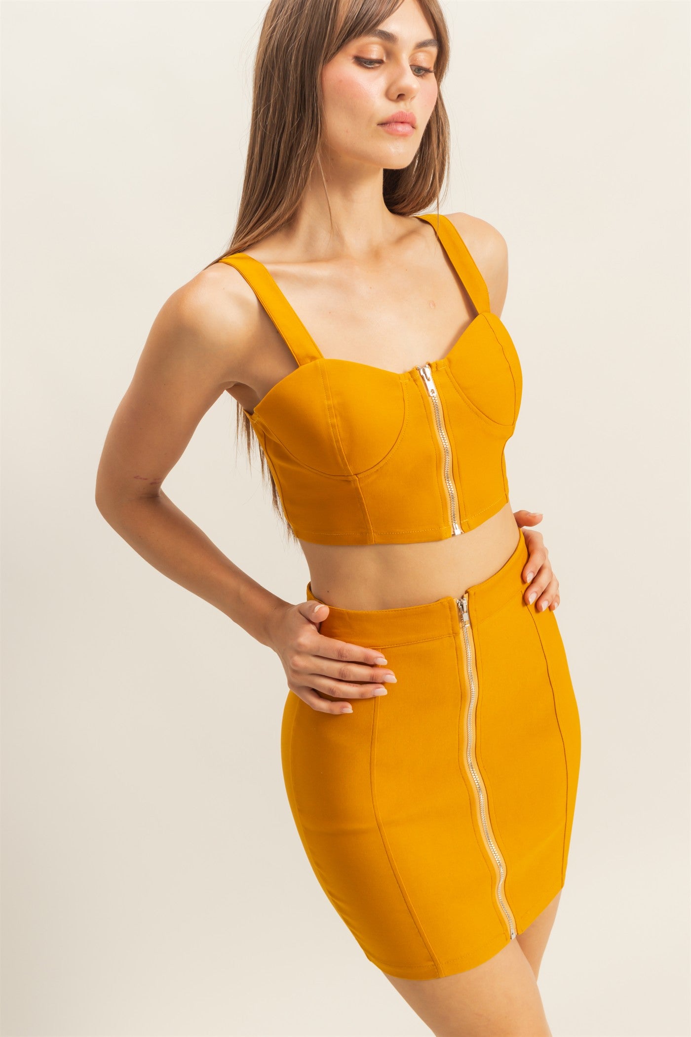 Wholesale Bustier Crop Top And Mini Skirt Set Clothing HF22E954-SET GOLDEN YELLOW HYFVE