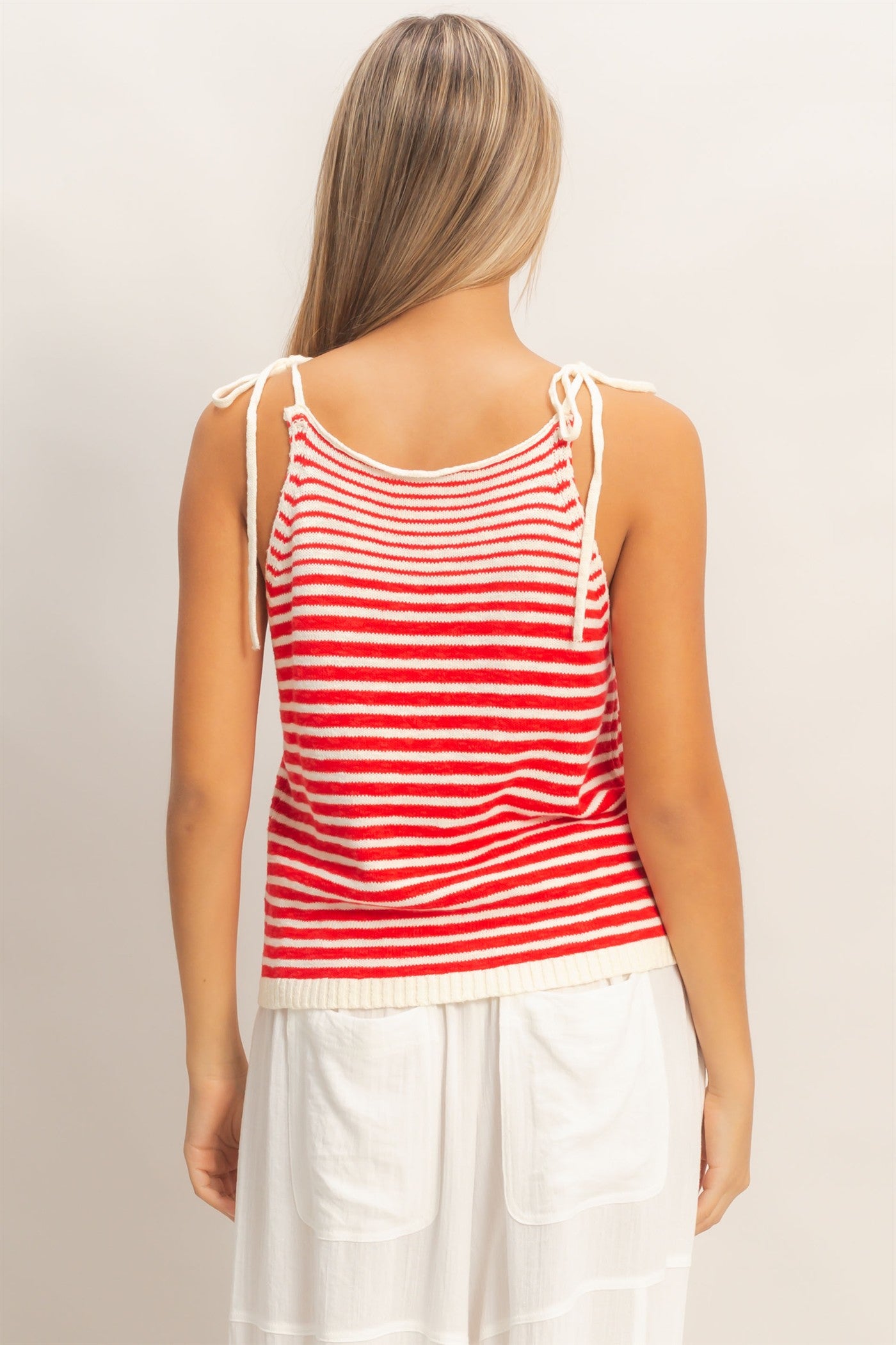 Wholesale Striped Knit Tie-Strap Tank Sweaters HF26A184 RED HYFVE