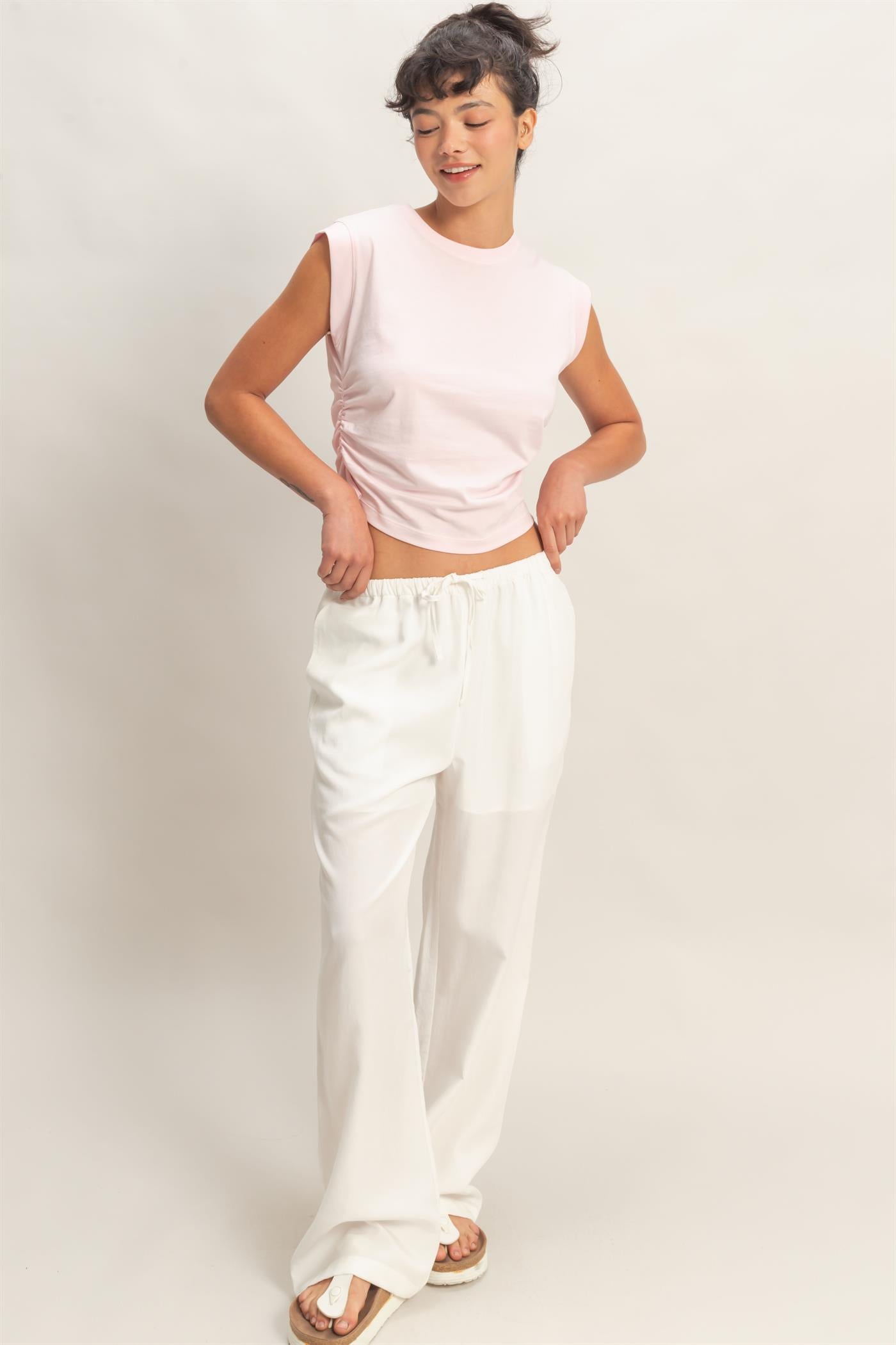 Wholesale Ruched Waist Sleeveless Cotton Top Clothing Tops DZ26C520 SOFT PINK DOUBLE ZERO