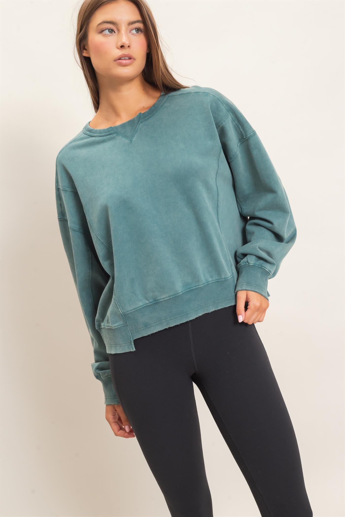 Wholesale Acid Wash Seam Detail Crew Neck Sweatshirt Sweatshirts DZ26E260 DARK TEAL DOUBLE ZERO
