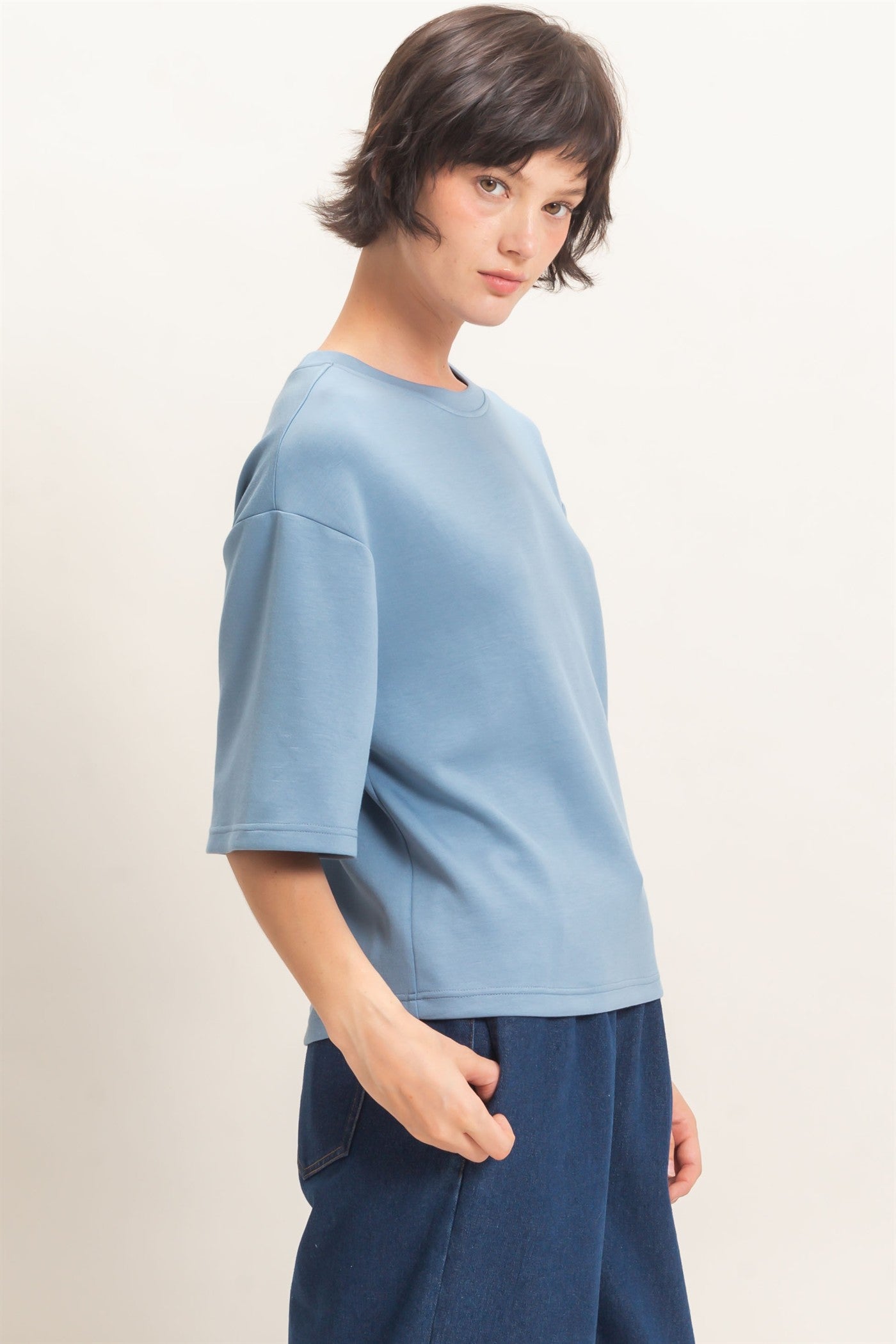 Wholesale Loose Fit Crew Neck Short Sleeve Top Clothing Tops DZ26C965 DUSTY BLUE DOUBLE ZERO