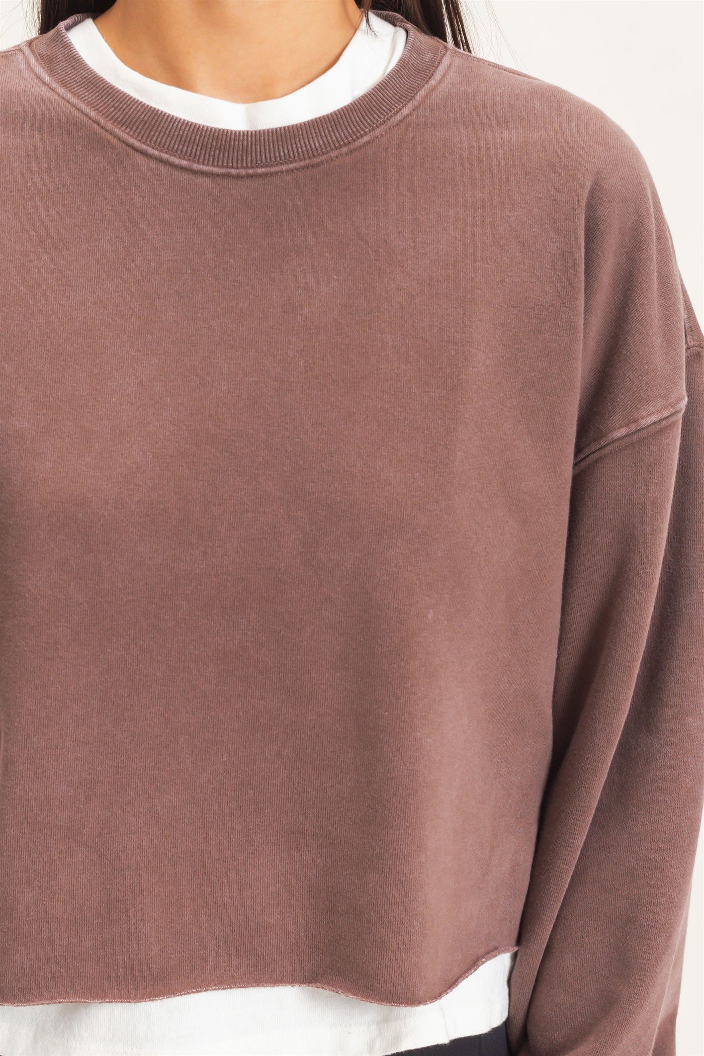 Wholesale Mineral Wash Raw Hem Cropped Sweatshirt Sweatshirts DZ26C968 DARK BROWN DOUBLE ZERO