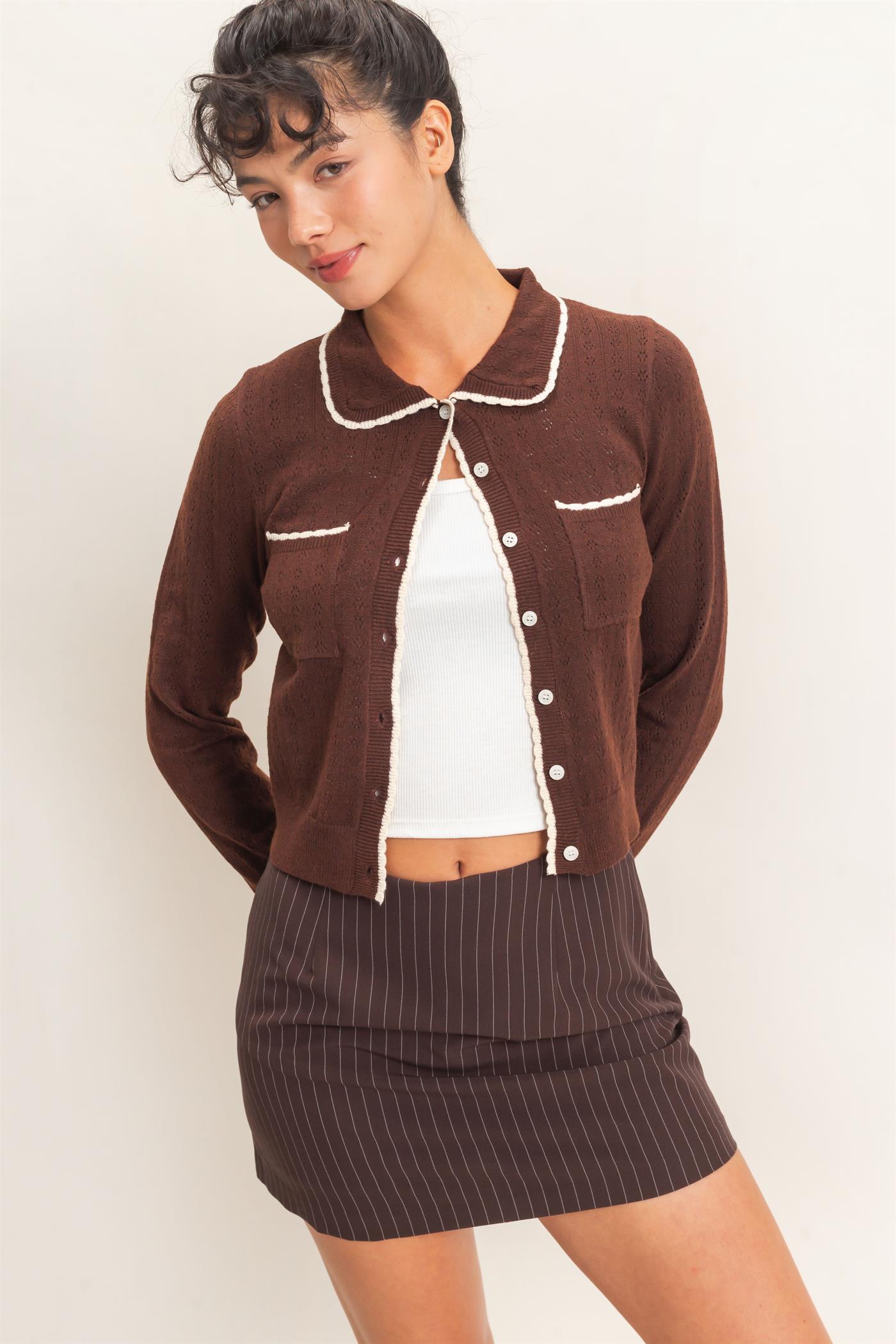 Wholesale Collared Pointelle Knit Cardigan Sweaters DZ26E101 DARK BROWN DOUBLE ZERO