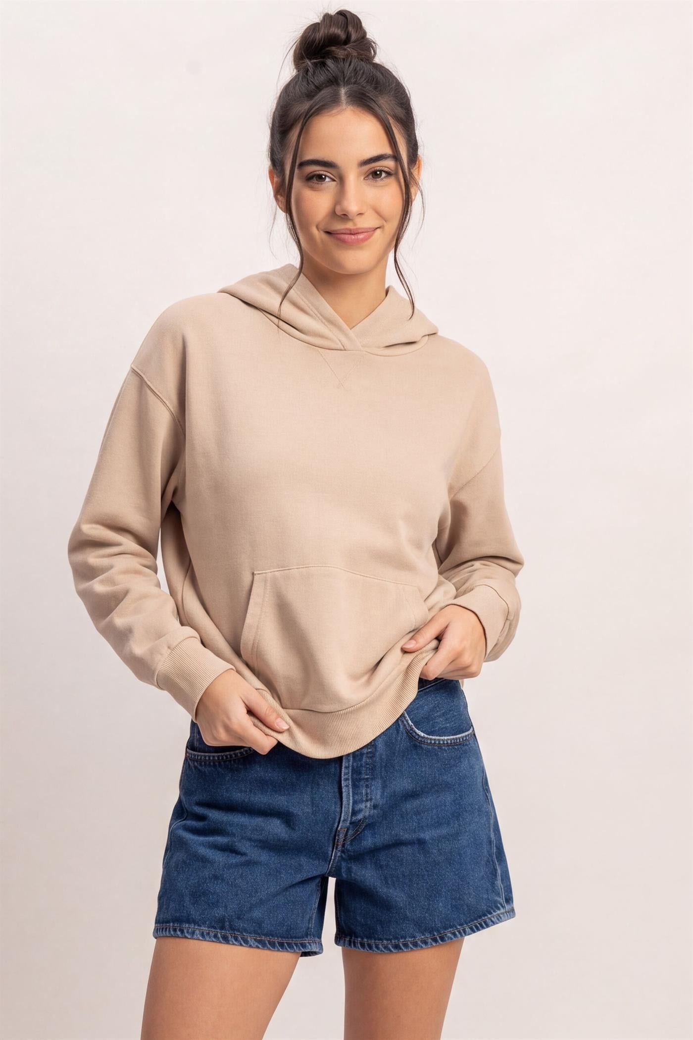 Wholesale Long Sleeve Hoodie With Kangaroo Pocket Hoodies DZ26F276 TAUPE DOUBLE ZERO