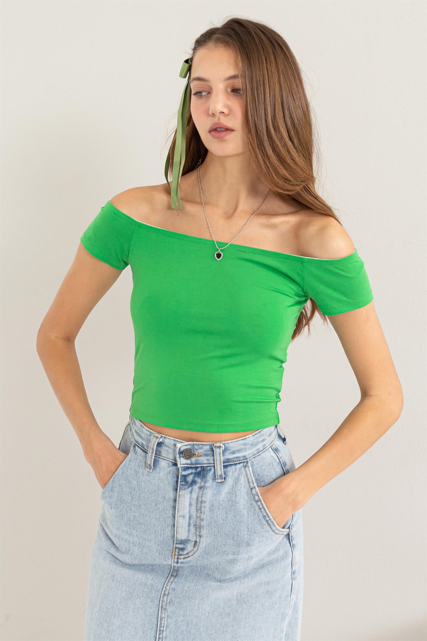 Wholesale Off The Shoulder Crop Top Clothing Tops DZ24C044 GREEN DOUBLE ZERO