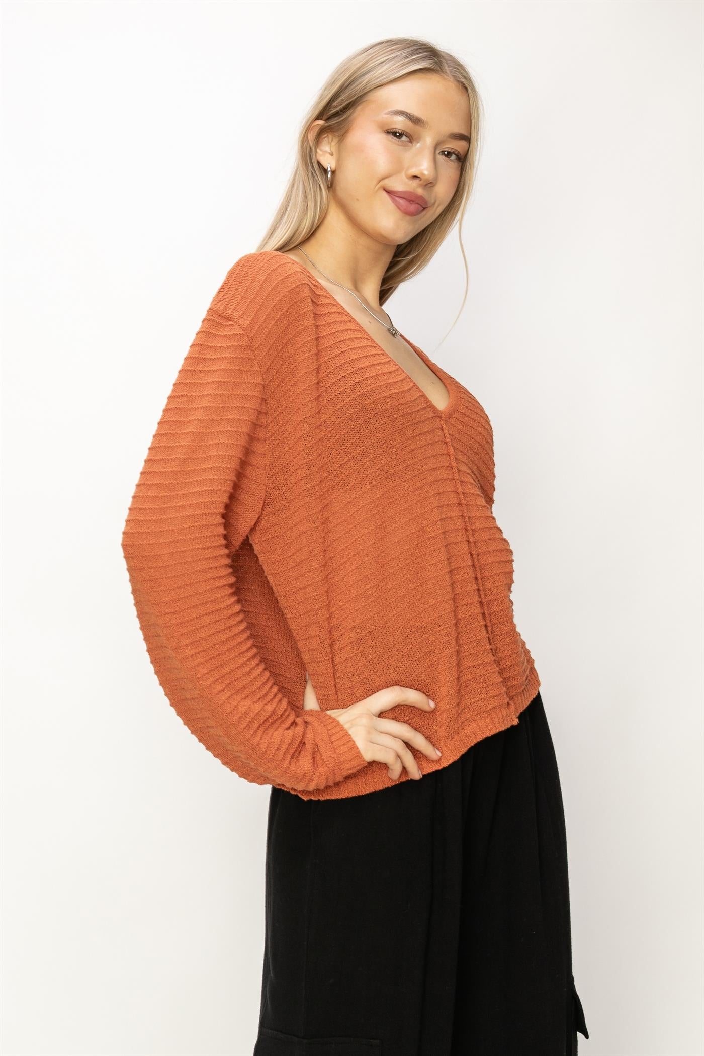 Wholesale V Neck Dropped Shoulder Sweater Clothing Tops DZ24A559 BAKED CLAY DOUBLE ZERO