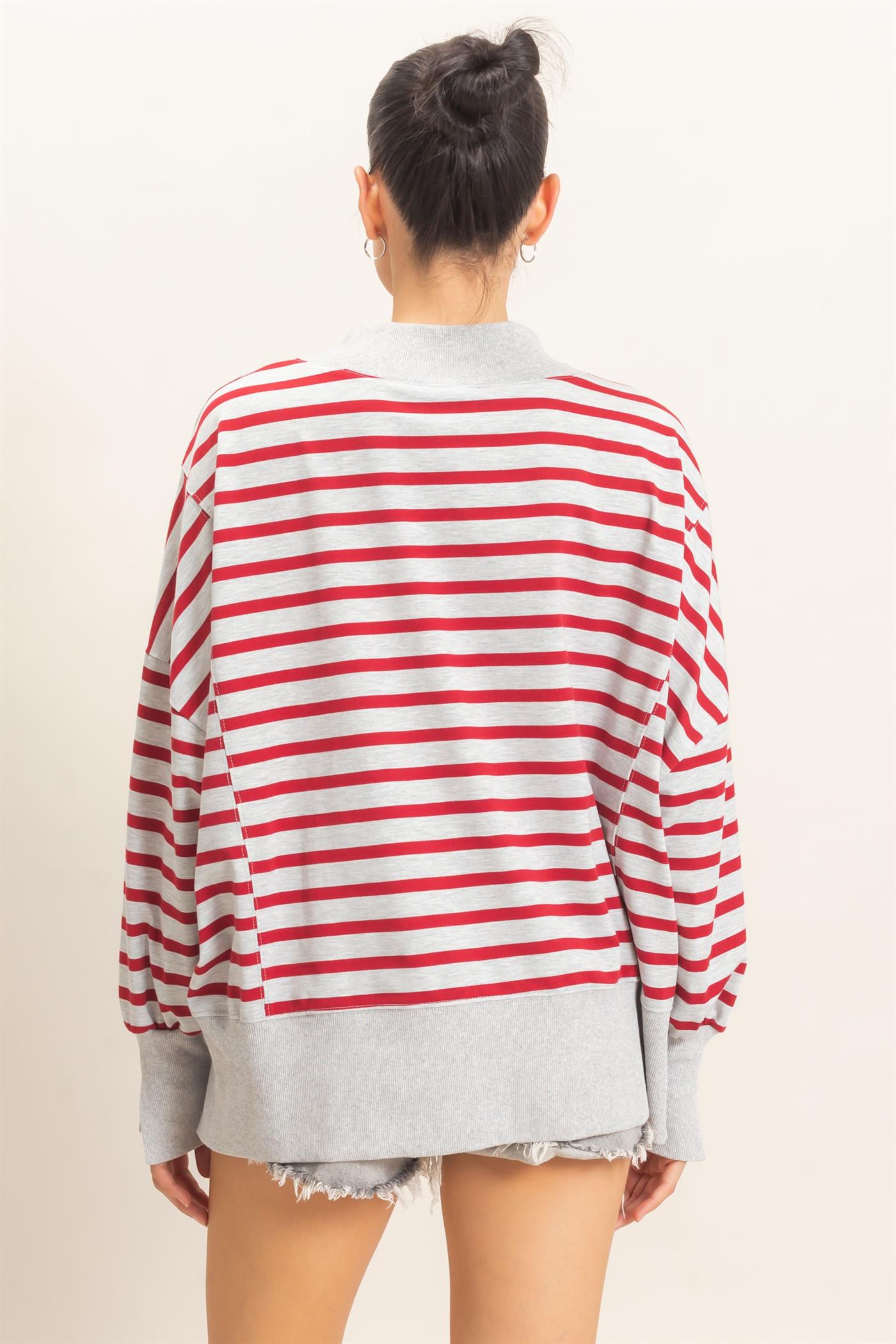 Wholesale Striped Mock Neck Sweatshirt Sweatshirts HF27A178-D H.GRAY/RED HYFVE