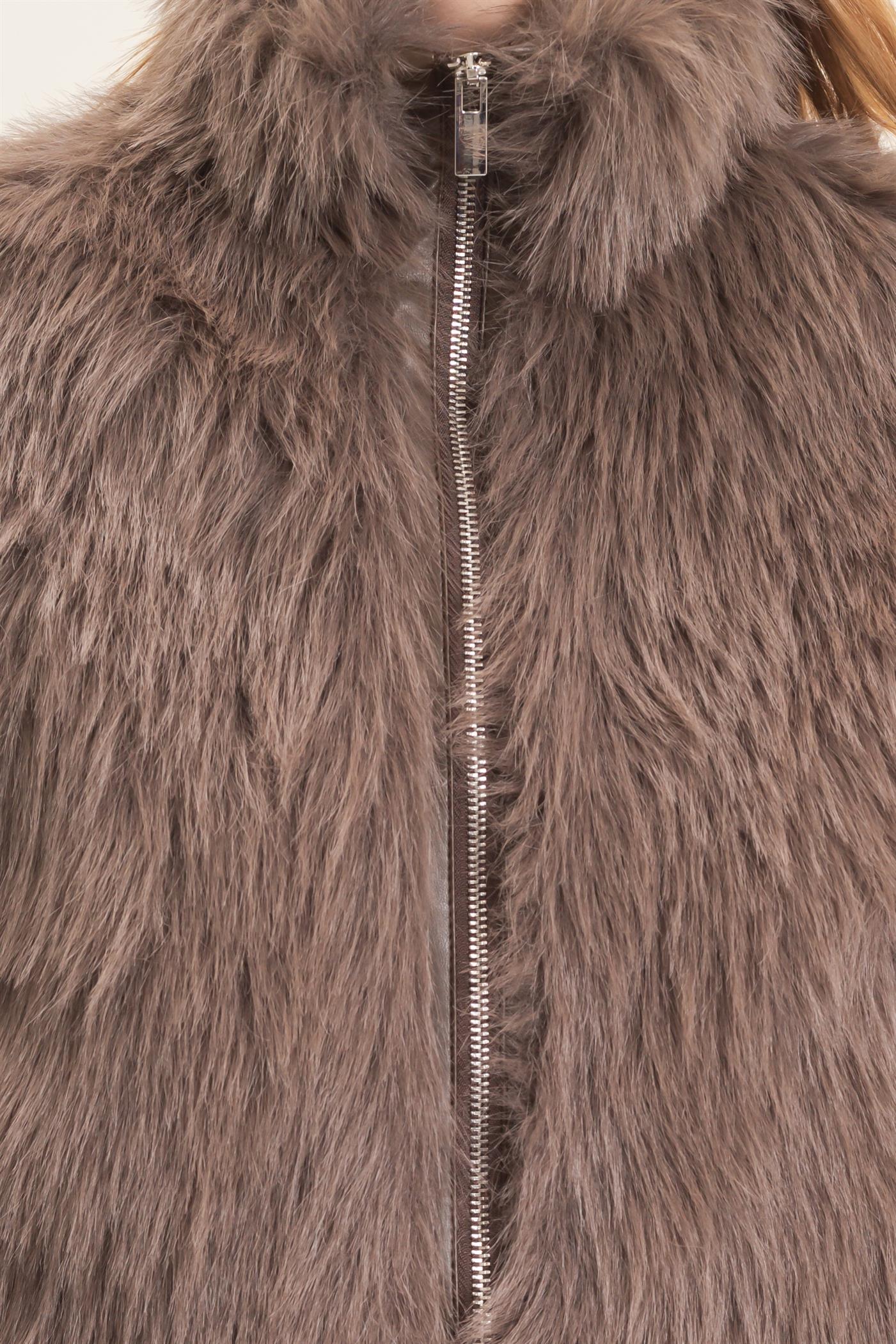 Wholesale Faux Fur Zip-Up Outerwear Vest Vests HF26E532 BROWN HYFVE