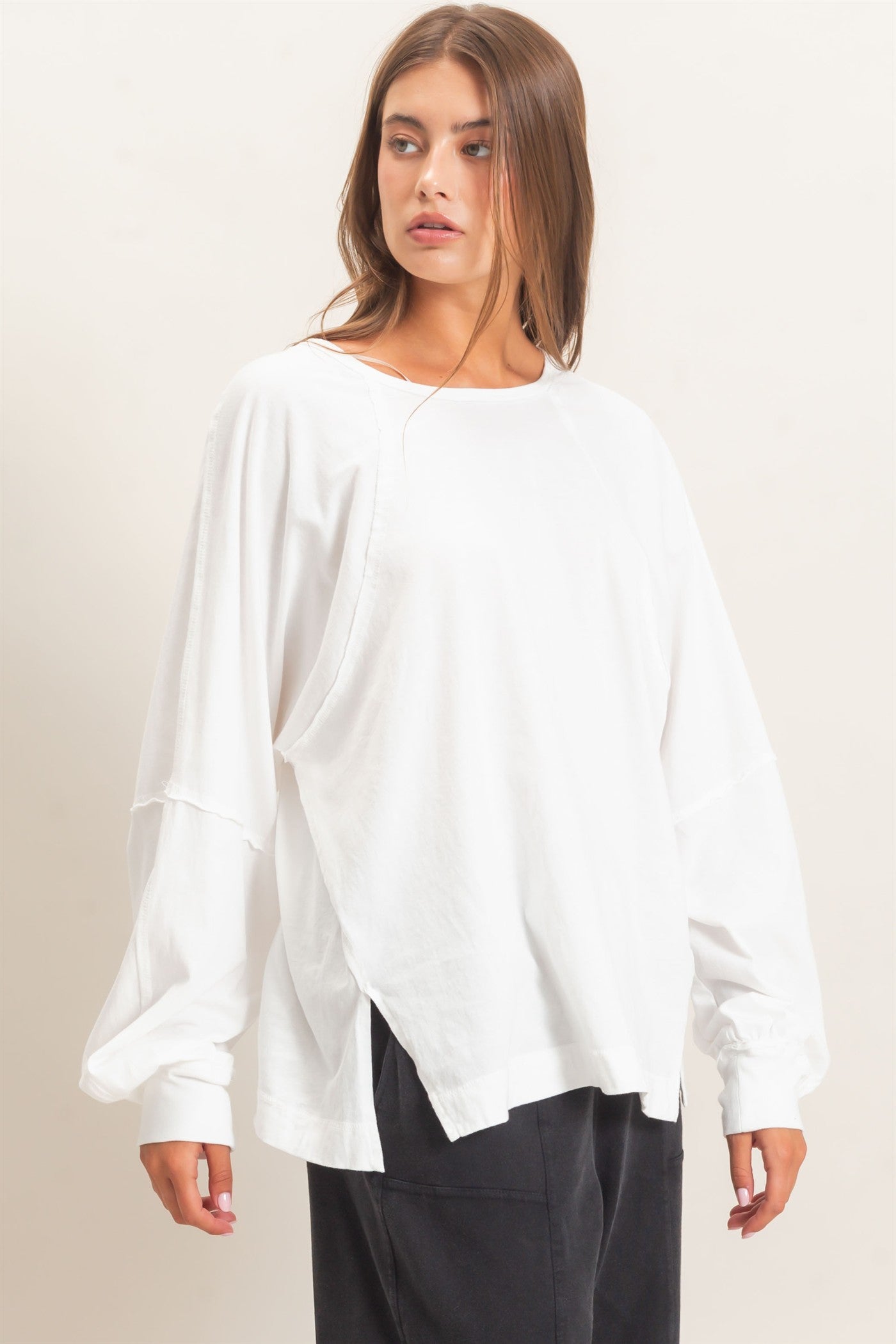 Wholesale Raglan Sleeve Snow Wash Top Shirts DZ26E945 WHITE DOUBLE ZERO