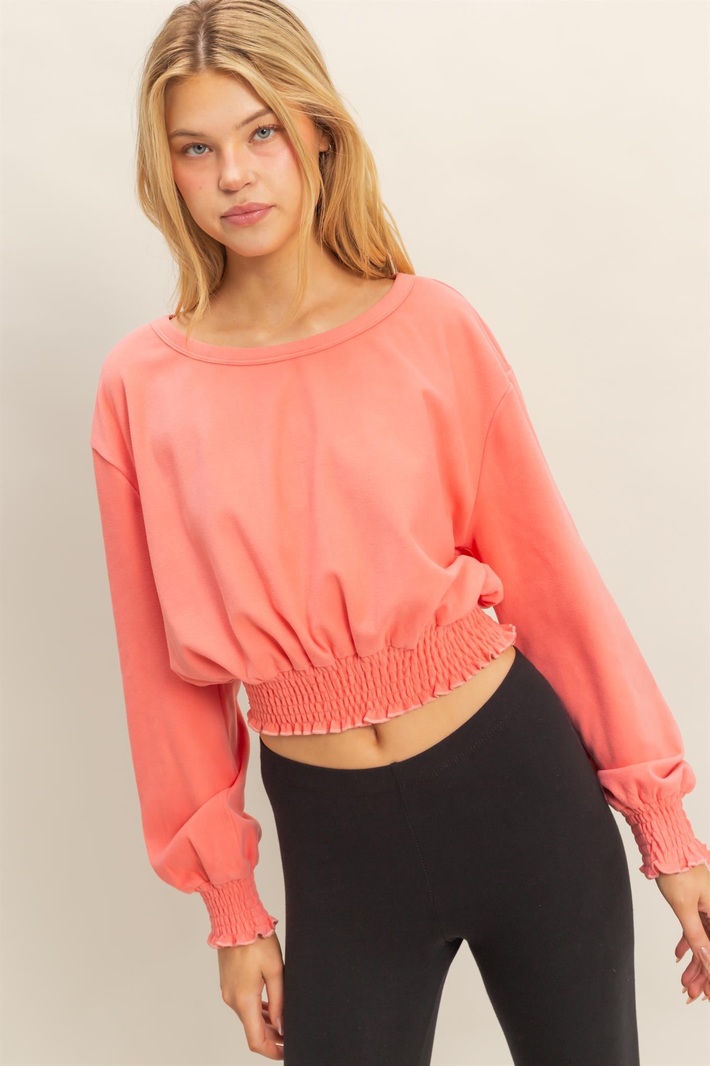 Wholesale Brushed Knit Smocked Crop Top Clothing Tops HF24C116 CORAL HYFVE