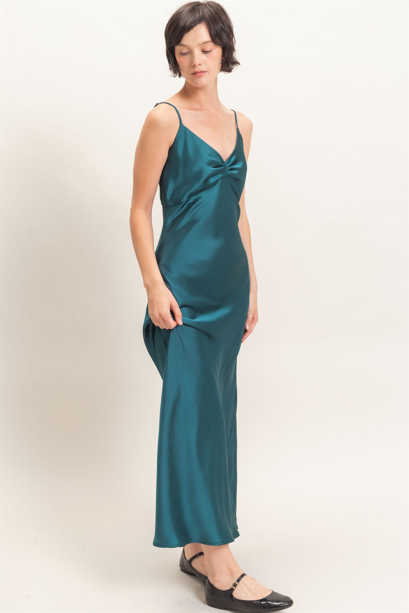 Wholesale Satin Slip Dress With Spaghetti Straps Dresses DZ26E380 DARK TEAL DOUBLE ZERO