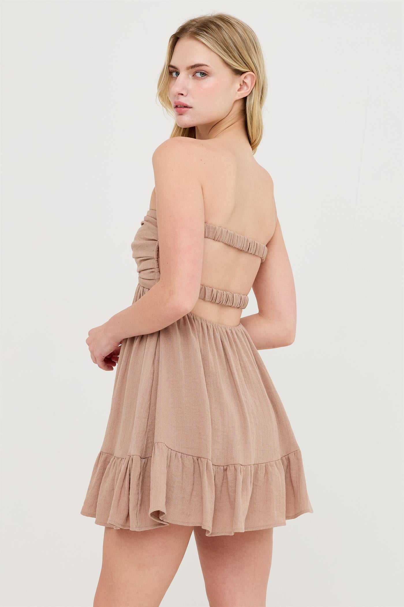 Wholesale Twist Front Mini Dress Dresses HF26C118-D LIGHT BROWN HYFVE