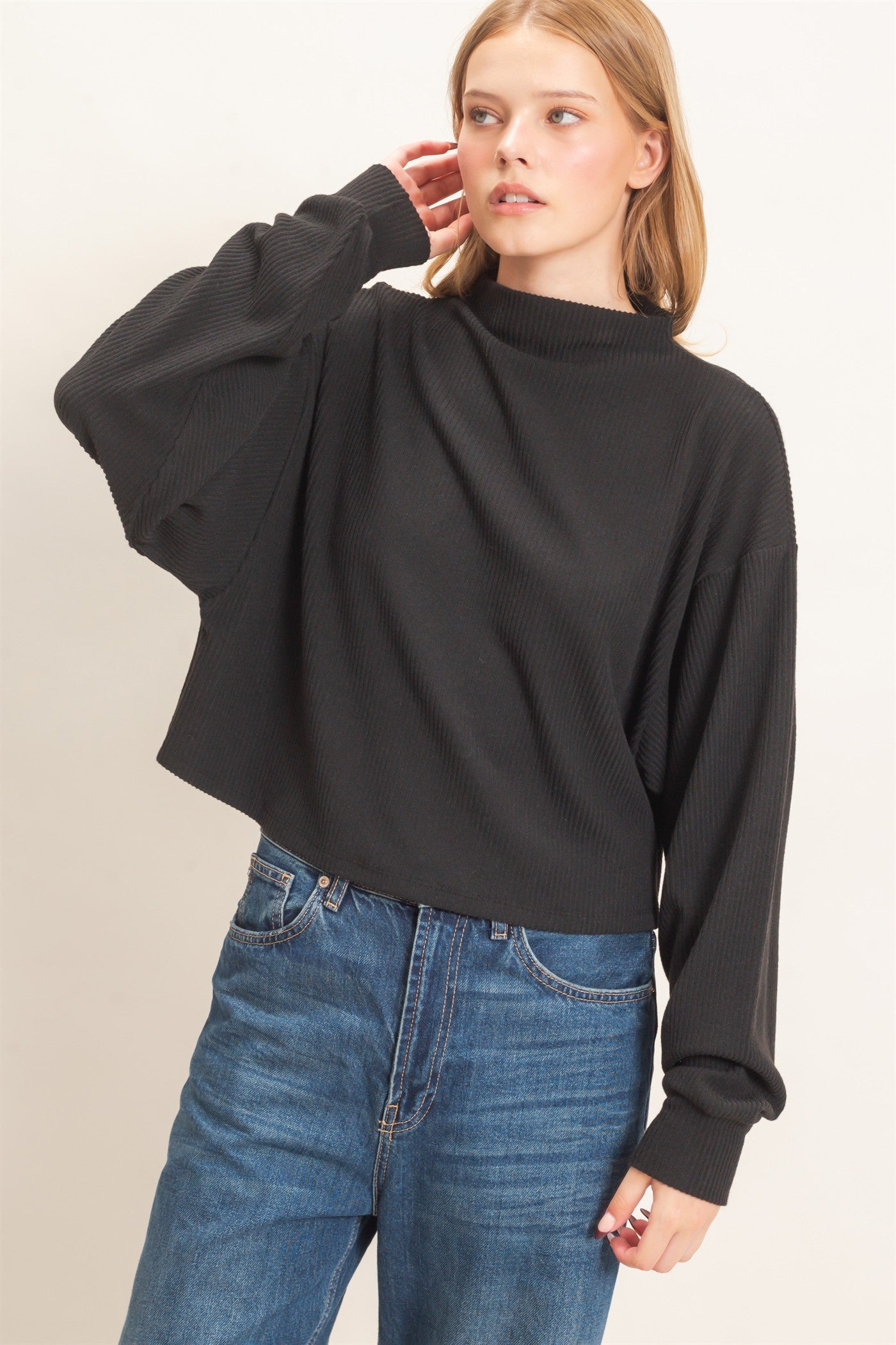 Wholesale Ribbed Mock Neck Top Clothing Tops HF26F030 BLACK HYFVE