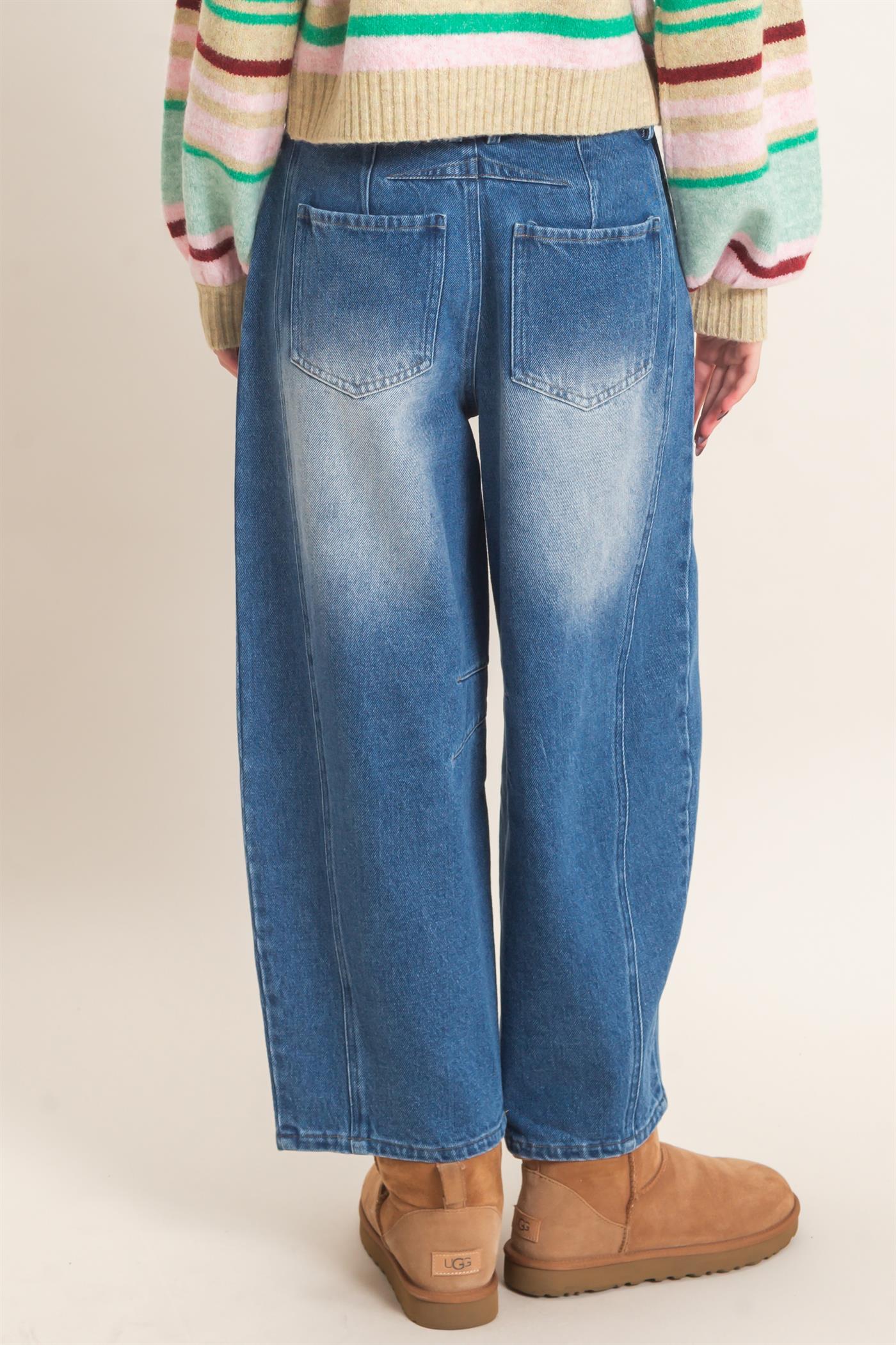 Wholesale Enzyme Wash Barrel Jeans Pants HF26E060 DARK BLUE HYFVE