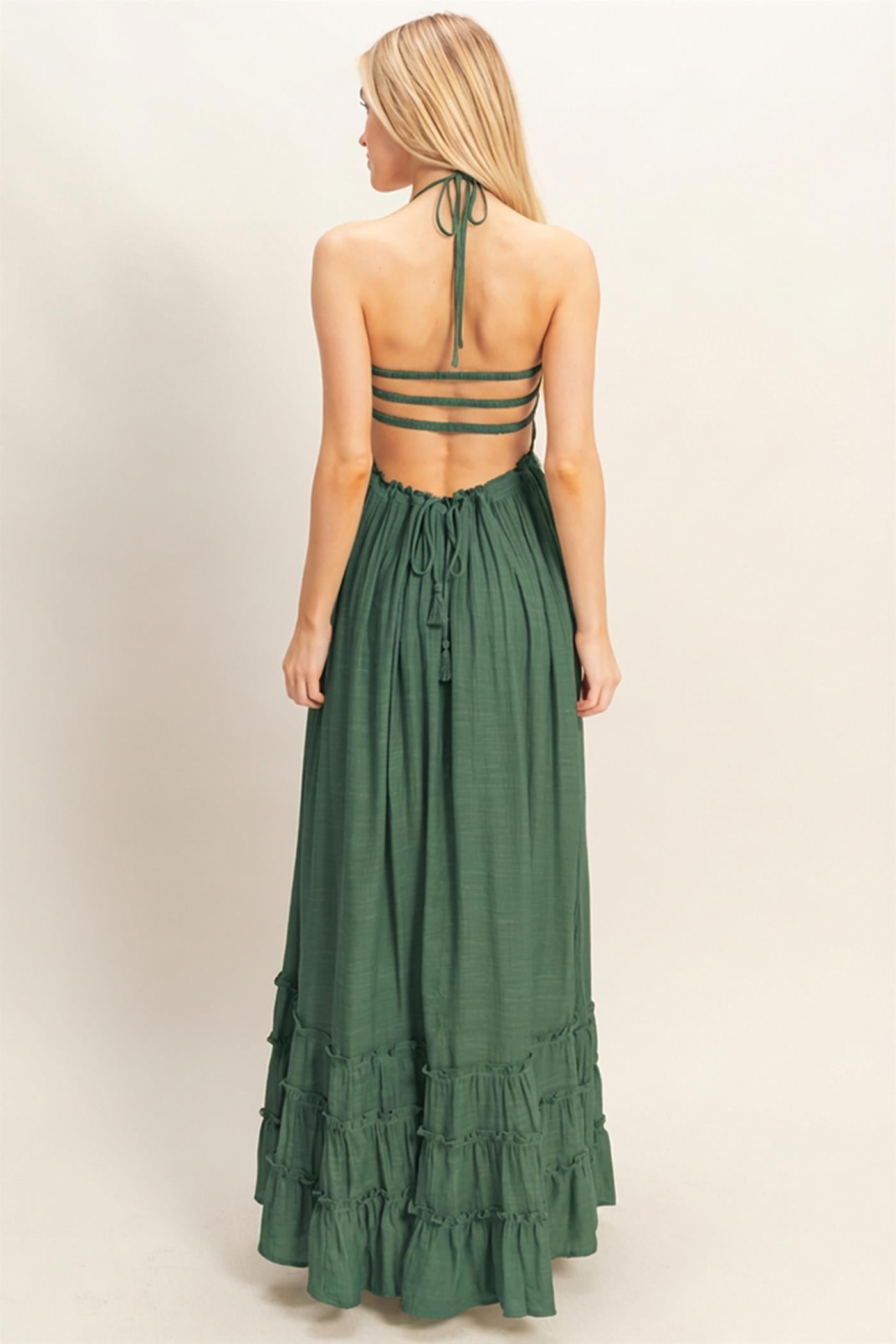 Wholesale Smocked Halter Maxi Dress Dresses HF26C290-D HUNTER GREEN HYFVE