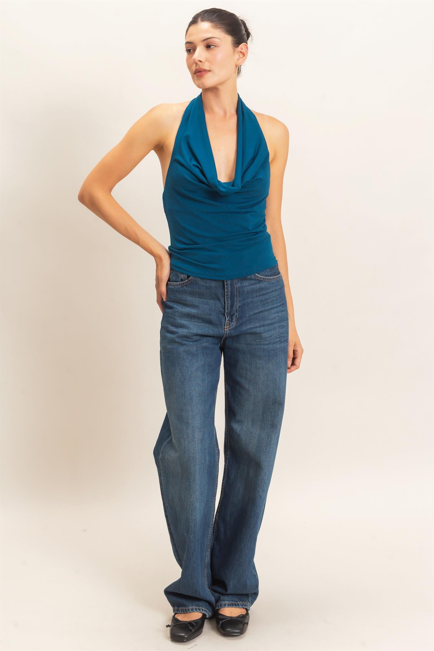 Wholesale Cowl Halter Neck Top Clothing Tops HF26E408 TEAL HYFVE