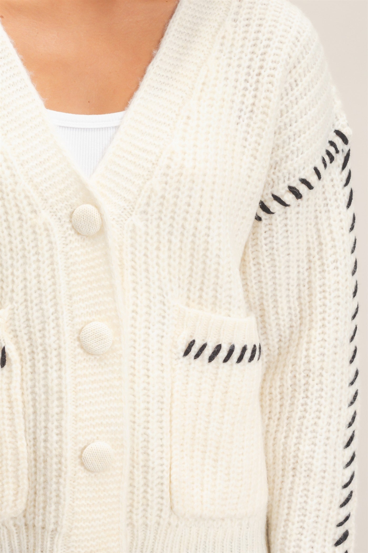 Wholesale Blanket Stitch Oversized Sweater Cardigan Cardigans DZ26E296 CREAM DOUBLE ZERO