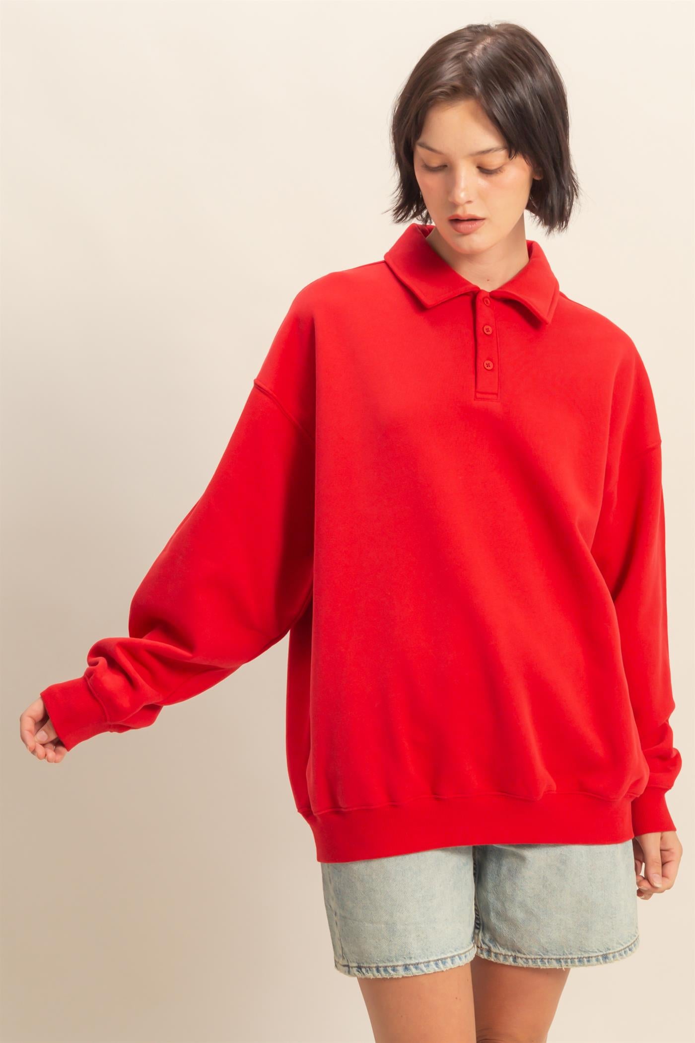 Wholesale Oversized Polo Collared Pullover Sweatshirts DZ25F074 RED DOUBLE ZERO