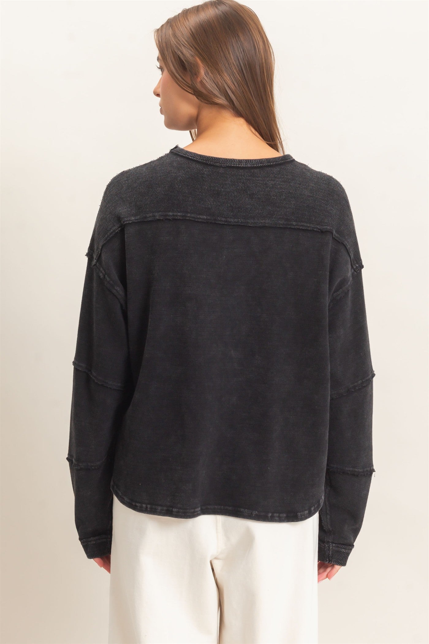 Wholesale Mineral Wash Overzised Raw Edge Crew Neck Top Clothing Tops DZ26E449 BLACK DOUBLE ZERO