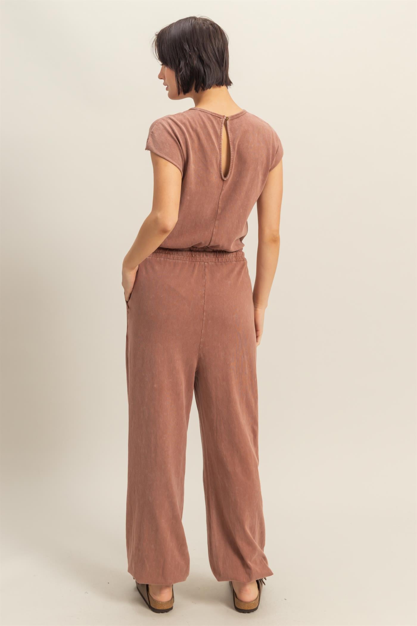 Wholesale Short Sleeve Casual Jumpsuit Clothing DZ24C619 CHESTNUT DOUBLE ZERO