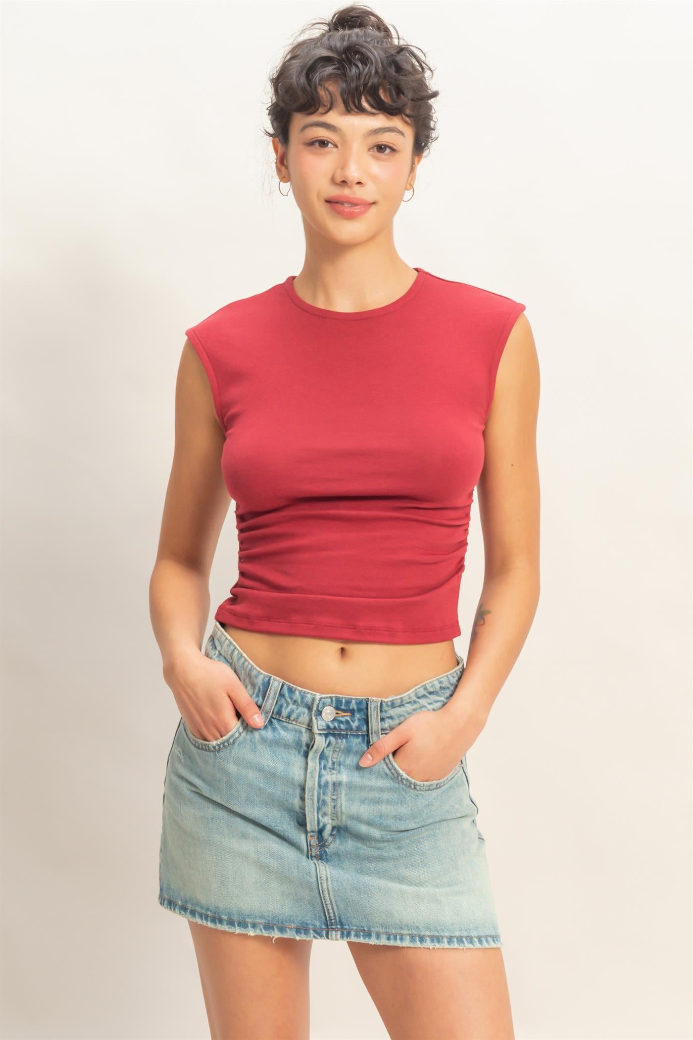 Wholesale Ruched Waist Cap Sleeve Top Clothing Tops DZ26A889 DARK RED DOUBLE ZERO