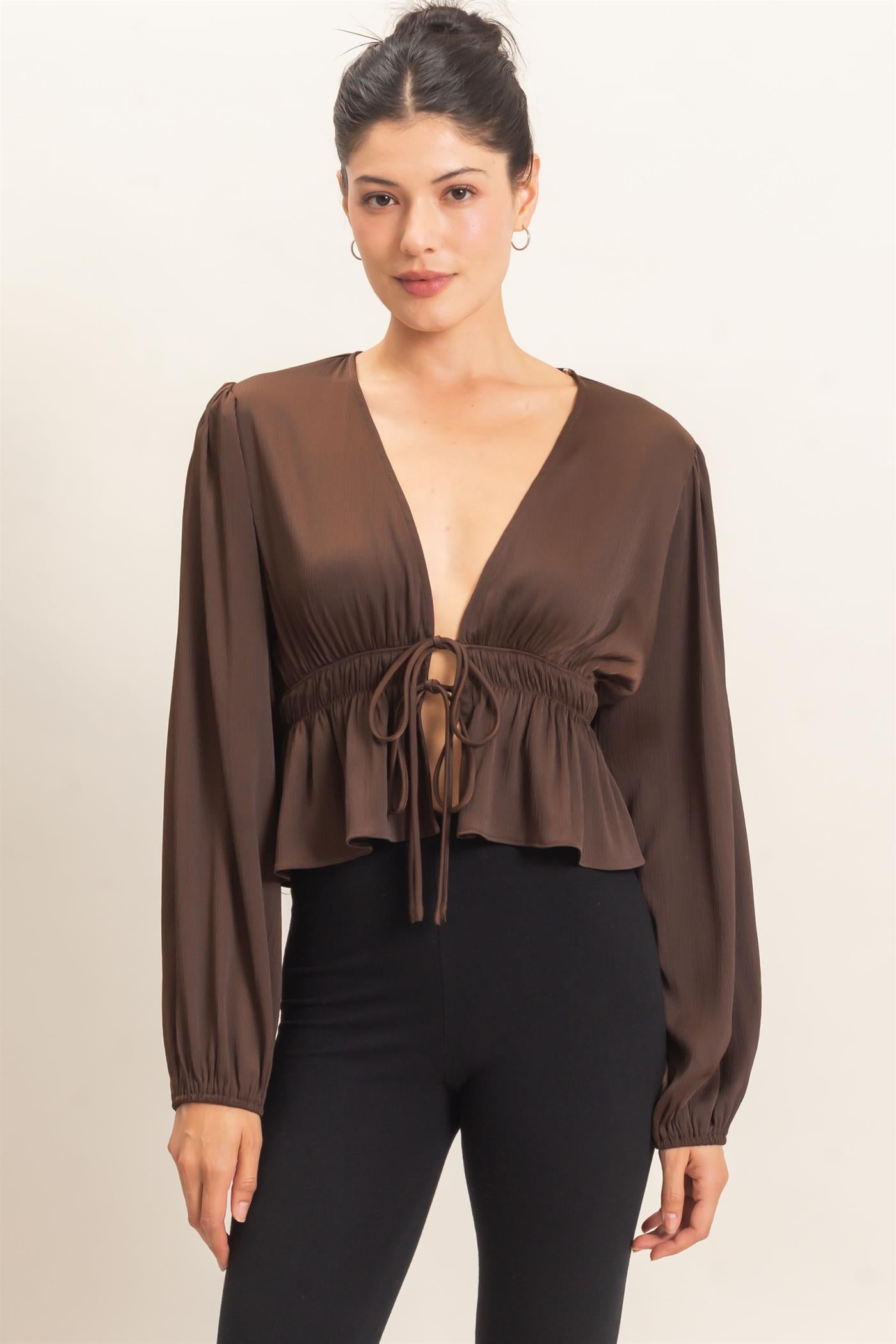 Wholesale Plunging Tie-Front Blouse Blouses HF26F082 BROWN HYFVE