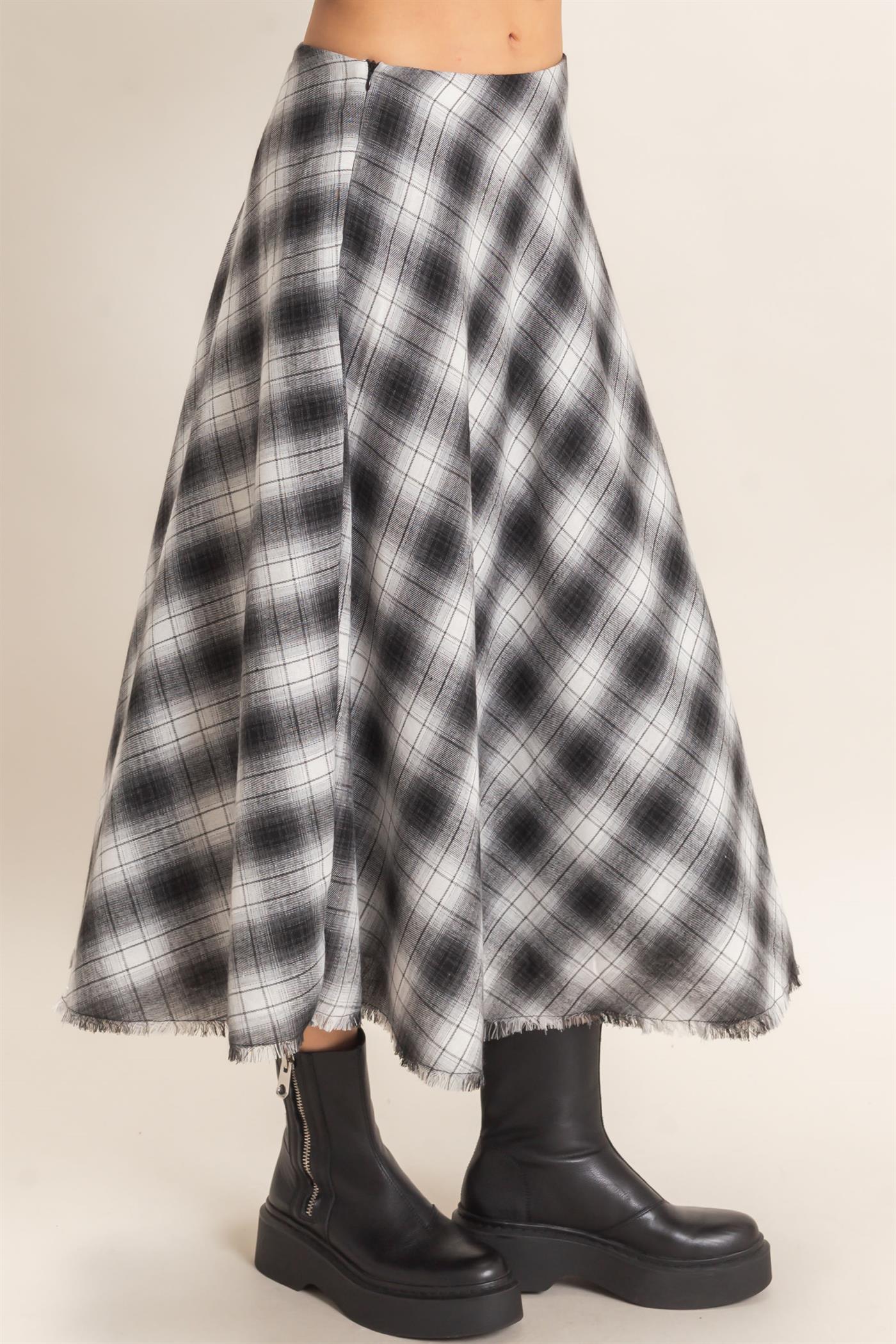 Wholesale A-Line Plaid Frayed Hem Skirt Skirts HF26E972 BLACK HYFVE