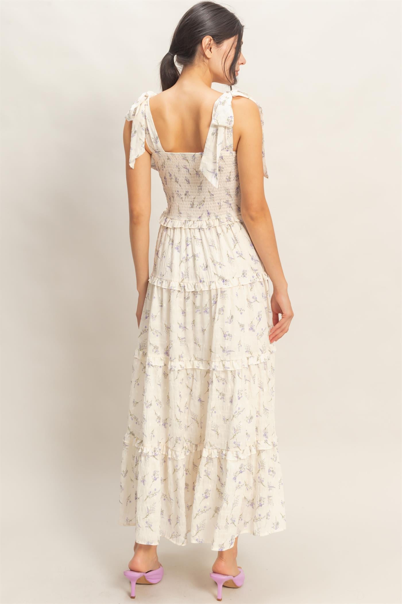 Wholesale Floral Tiered Maxi Dress Dresses HF26A156 PURPLE HYFVE