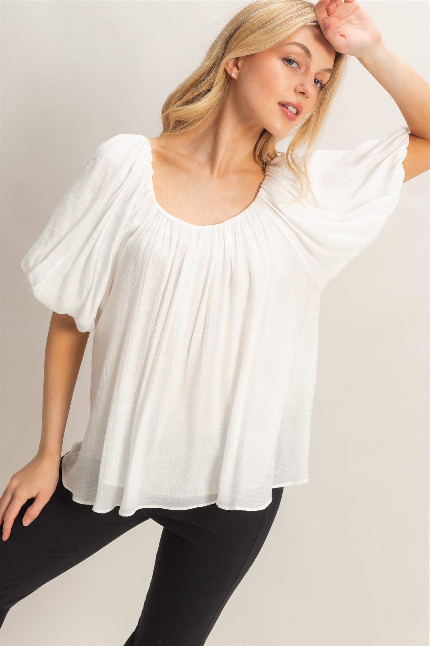 Wholesale Gathered Puff Sleeve Blouse Blouses HF26C307 WHITE HYFVE