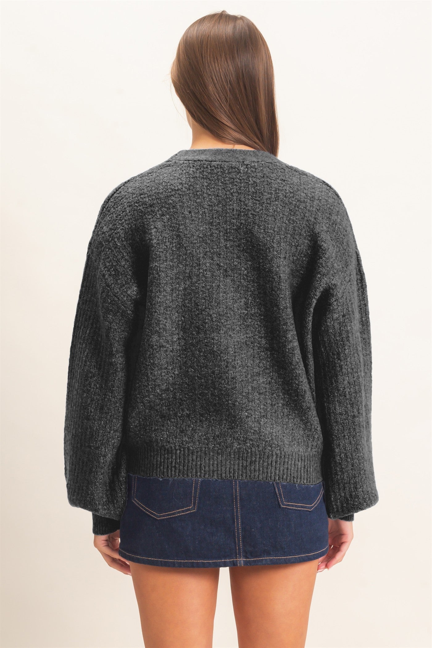Wholesale Textured V-Neck Cardigan Cardigans DZ26E080 CHARCOAL DOUBLE ZERO
