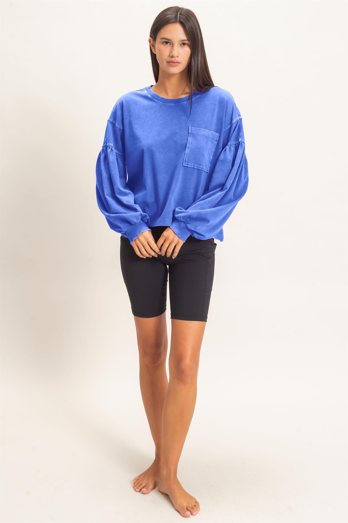 Wholesale Mineral Wash Puff Long Sleeve Boxy Top Clothing Tops DZ26F402 COBALT DOUBLE ZERO
