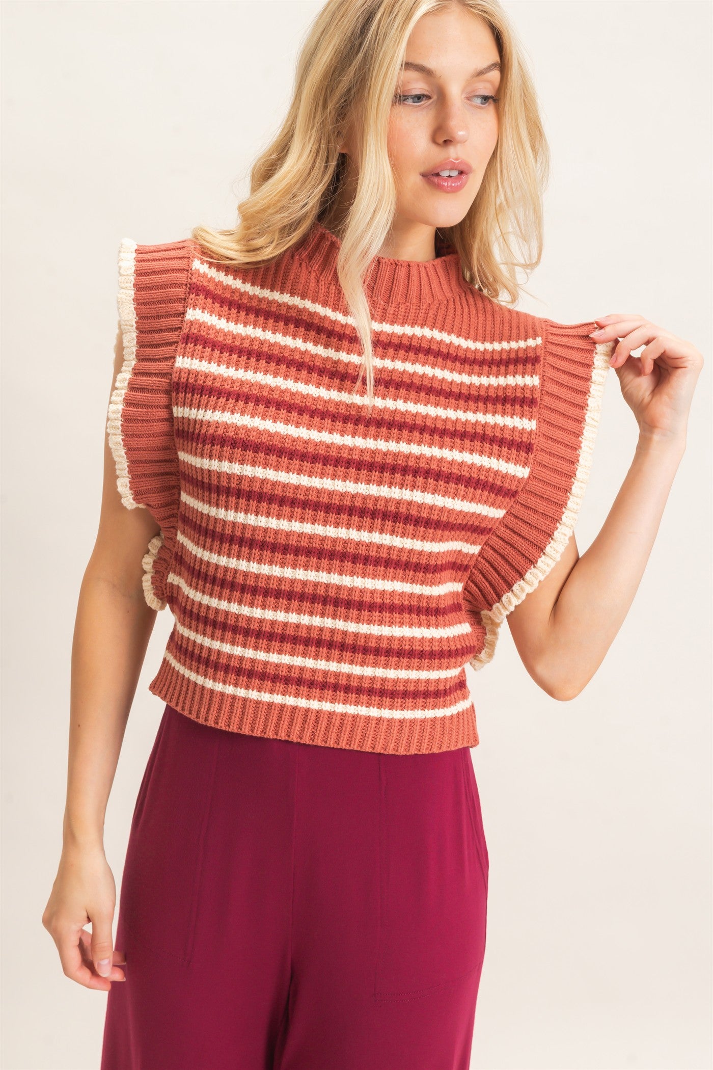 Wholesale Ribbed Ruffle Sleeve Sweater Sweaters HF26F182 RUST HYFVE