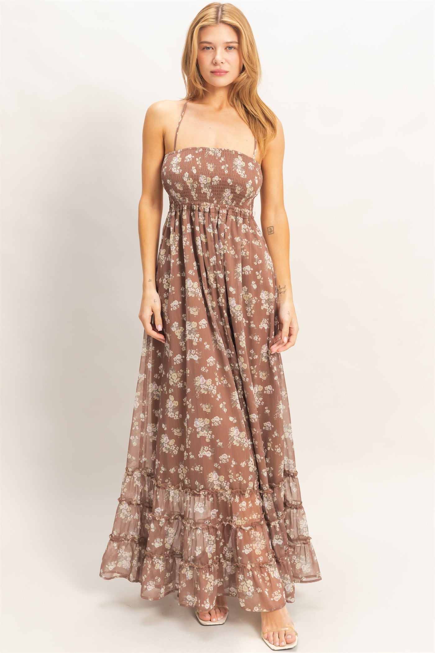 Wholesale Smocked Floral Maxi Dress Dresses HF26E648 BROWN HYFVE