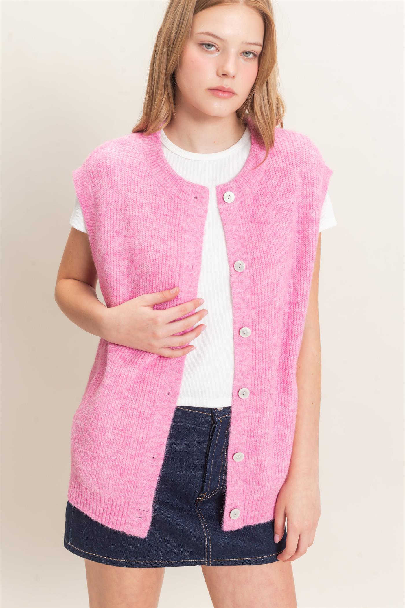 Wholesale Sleeveless Button-Up Sweater Vest Sweaters HF26E304 SOFT PINK HYFVE