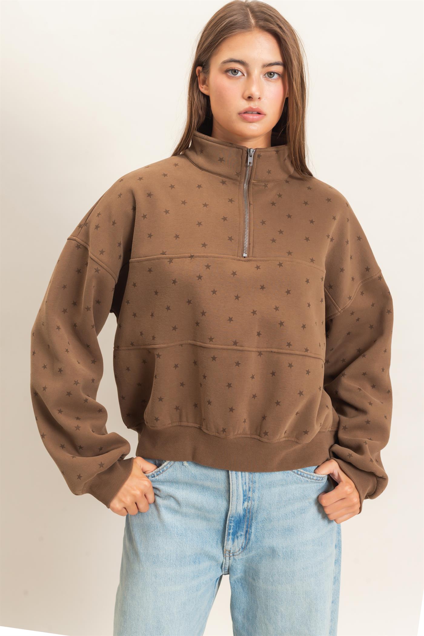Wholesale Star Print Half Zip Sweatshirt Sweatshirts DZ26E245 MOCHA DOUBLE ZERO