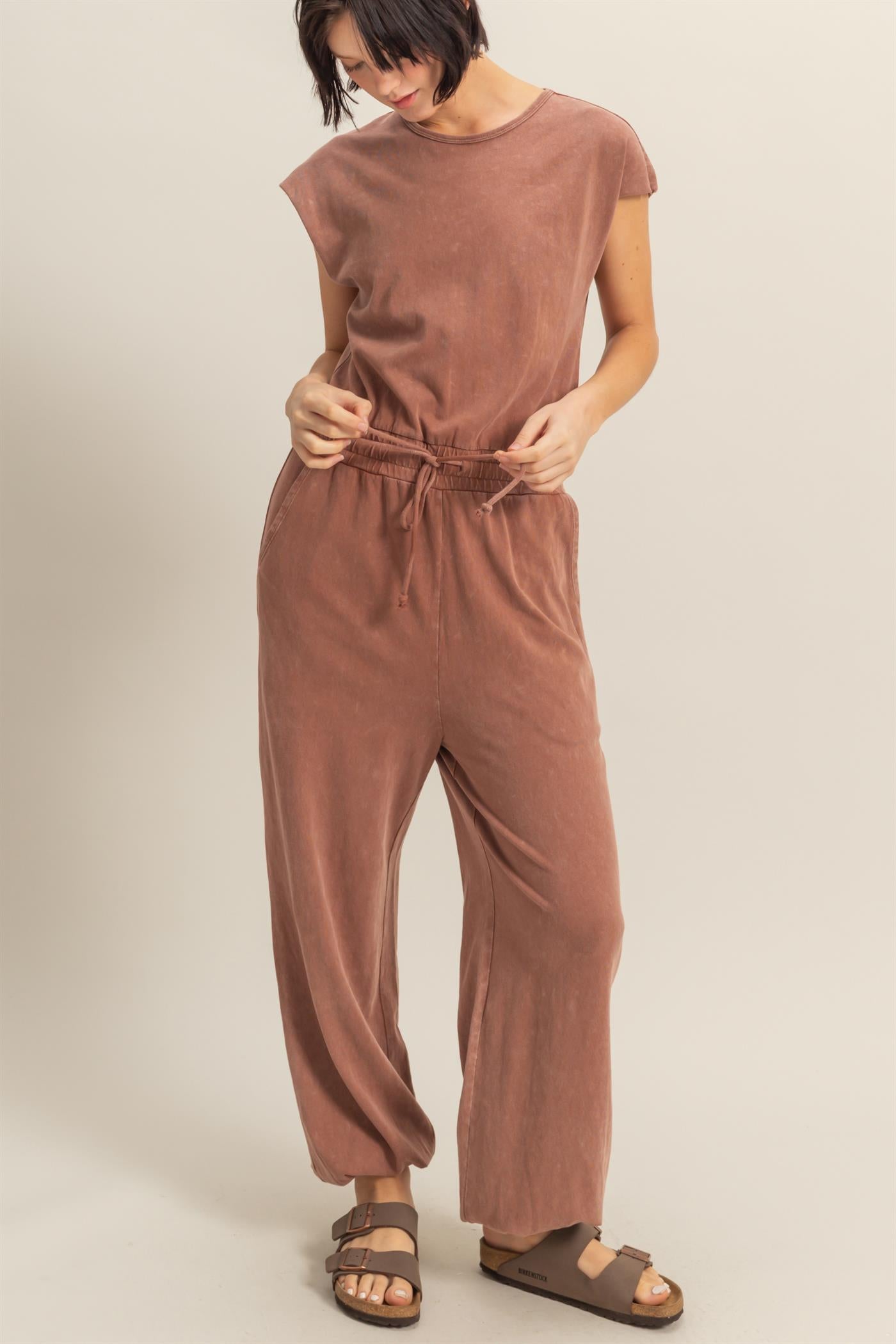 Wholesale Short Sleeve Casual Jumpsuit Clothing DZ24C619 CHESTNUT DOUBLE ZERO