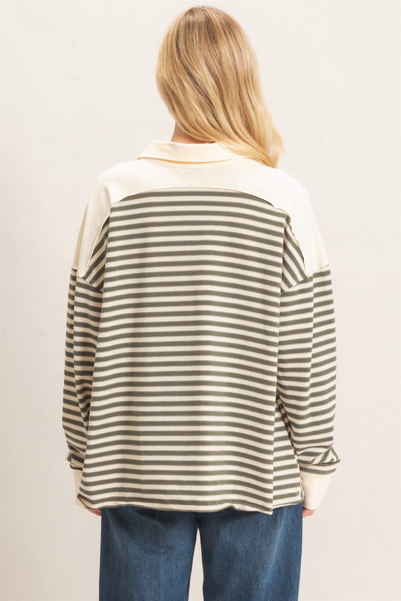 Wholesale Striped Henley Sweatshirt Clothing Tops HF26F089 OLIVE GRAY HYFVE