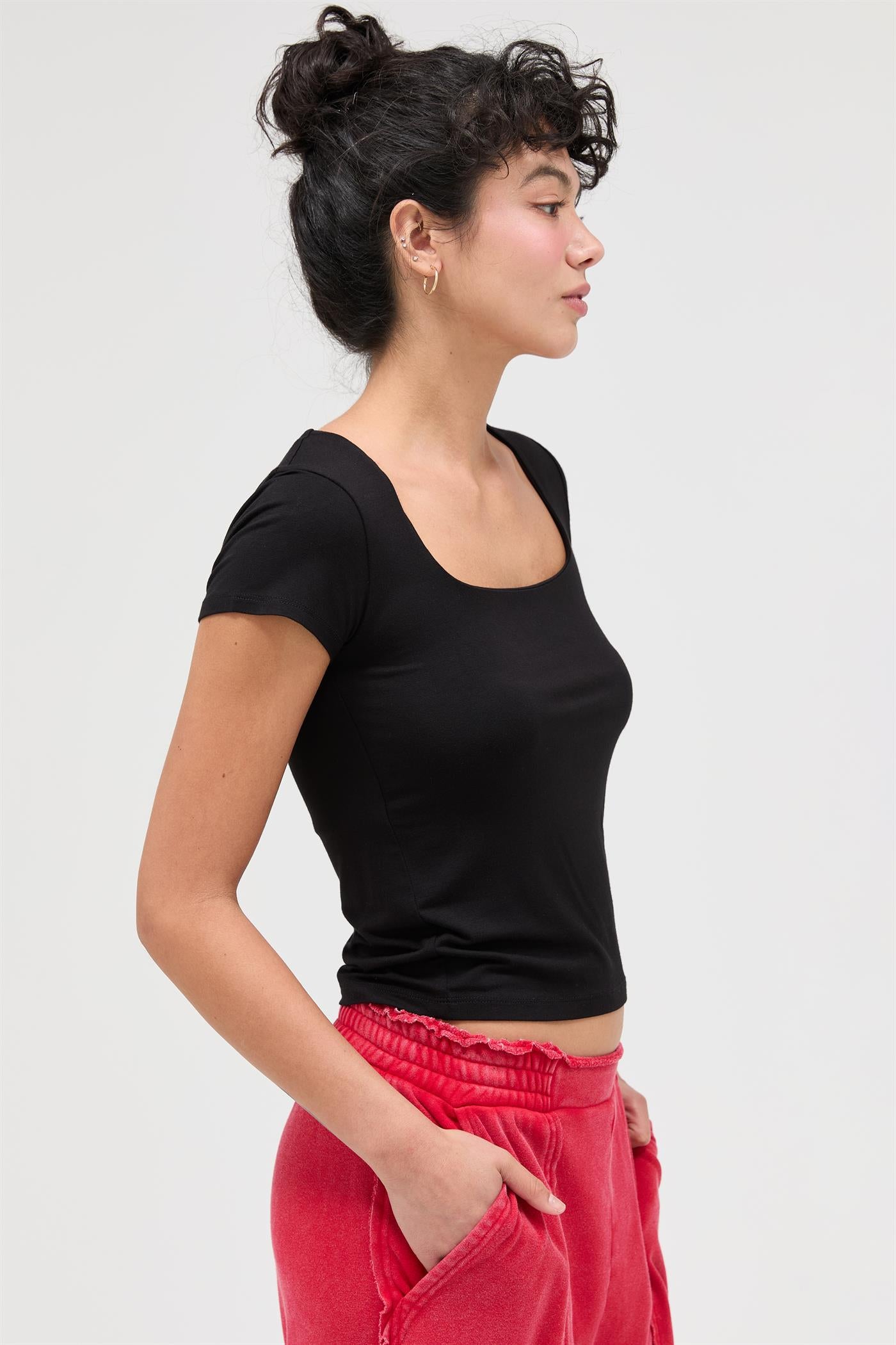 Wholesale Square Neck Cap Sleeve Top Clothing Tops DZ26A983 BLACK DOUBLE ZERO