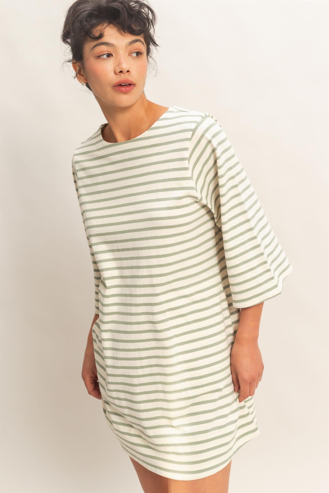 Wholesale Striped Round Neck Half-Sleeve Mini Dress Dresses DZ26A460 SAGE GREEN DOUBLE ZERO