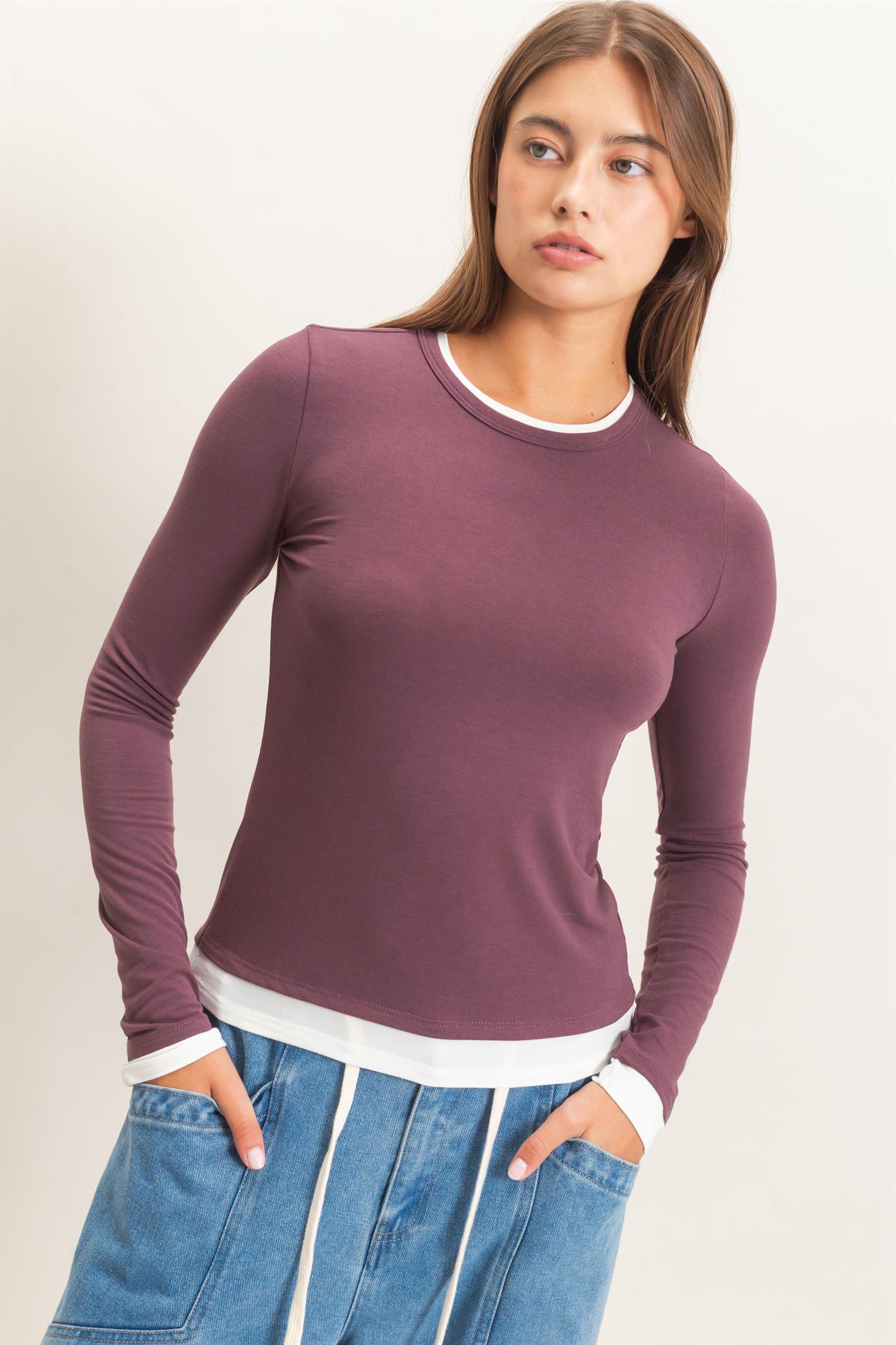 Wholesale Layered Effect Long Sleeve Top Clothing Tops DZ26F341 COCOA DOUBLE ZERO