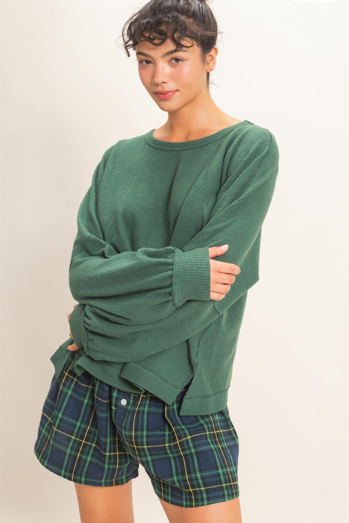 Wholesale Brushed Waffle Long Sleeve Top Clothing Tops DZ26F312 DARK GREEN DOUBLE ZERO